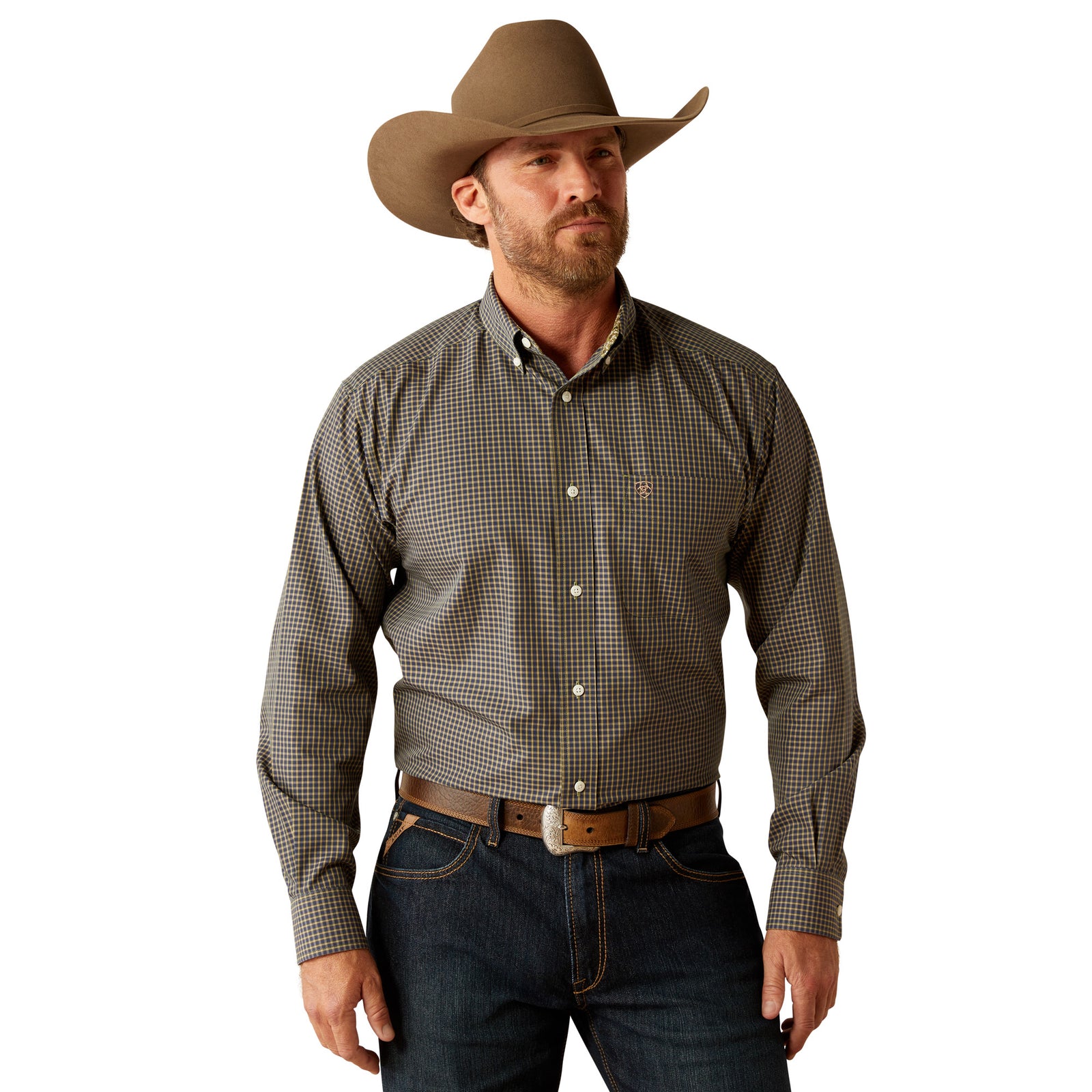 Ariat Men's Wrinkle Free Ferris L/S Western Shirt. A man wearing a long-sleeved checkered western shirt in brown and blue, with a cowboy hat and blue jeans.