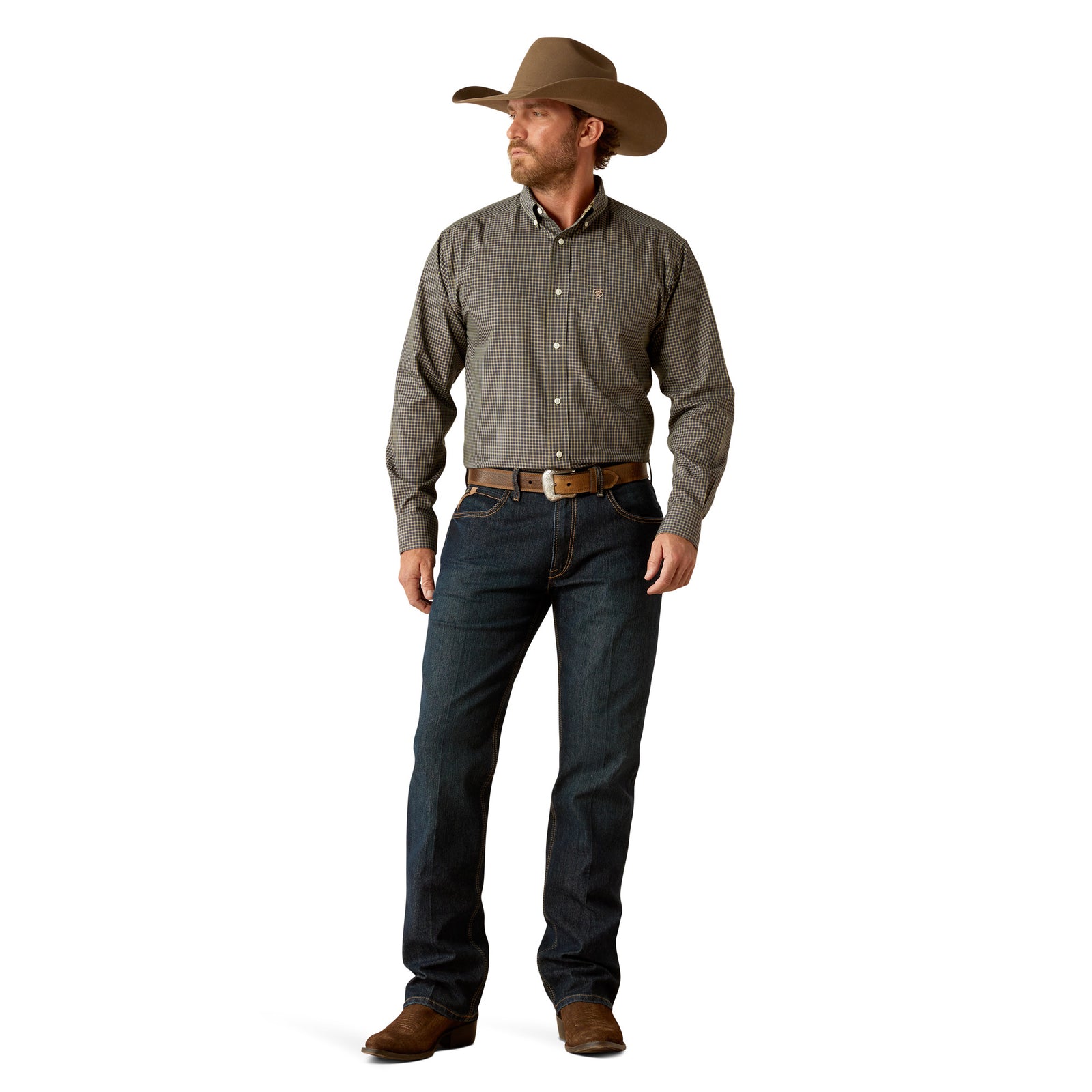 Ariat Men's Wrinkle Free Ferris L/S Western Shirt. Man in cowboy hat and casual attire on a white background