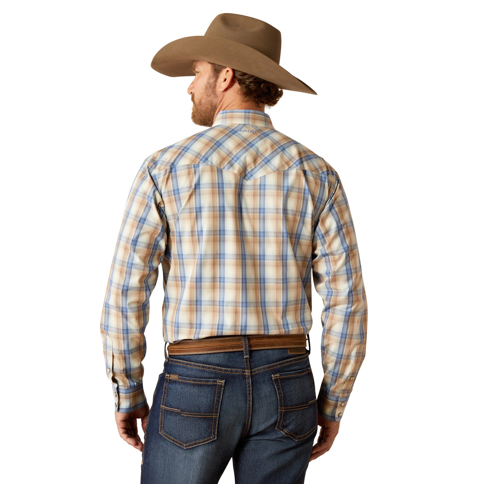 Ariat Men's Pro Series Clint L/S Snap Western Shirt. Person wearing a plaid shirt and cowboy hat on a white background