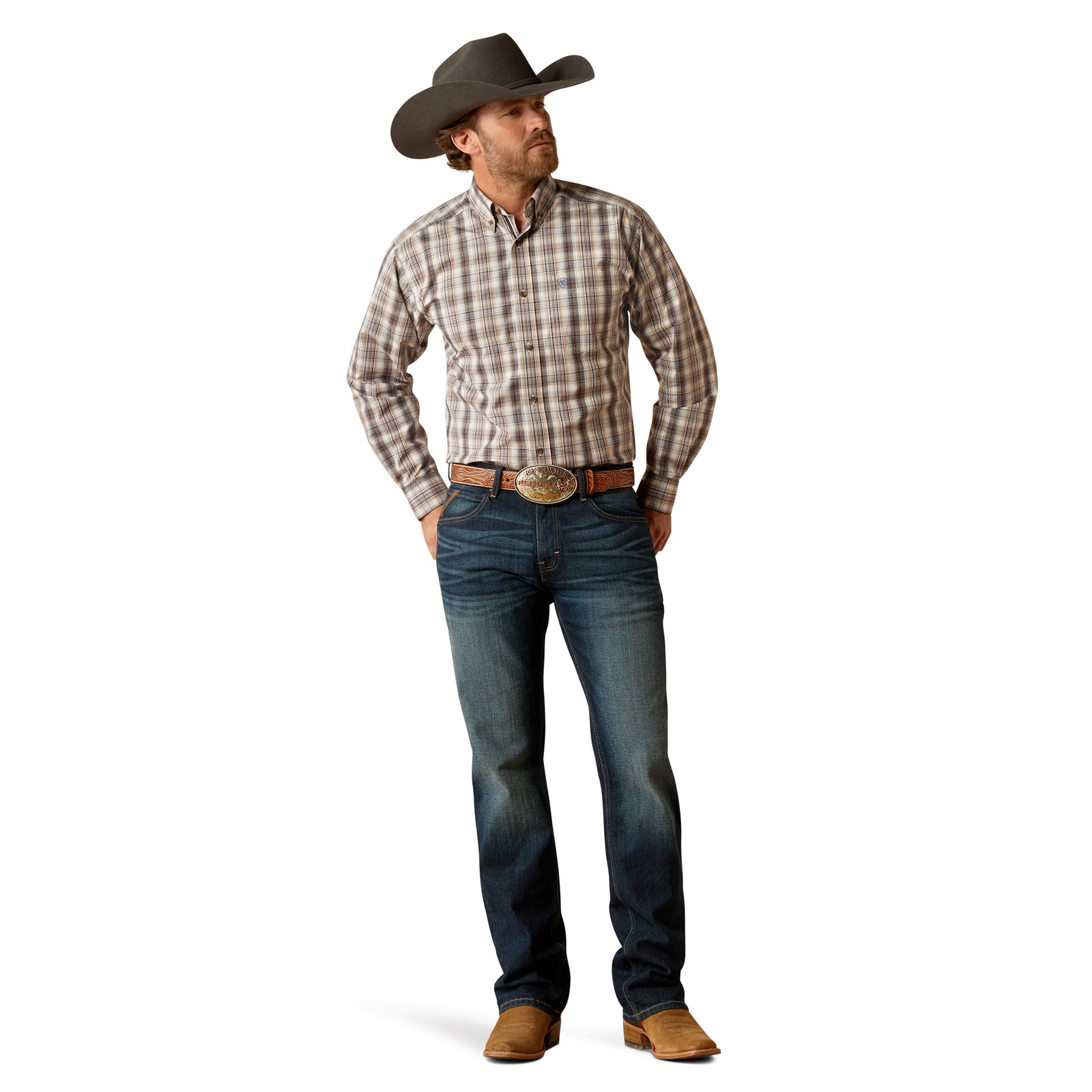 Ariat Men's Pro Series Casen L/S Western Shirt. Man wearing a plaid shirt and cowboy hat on a white background