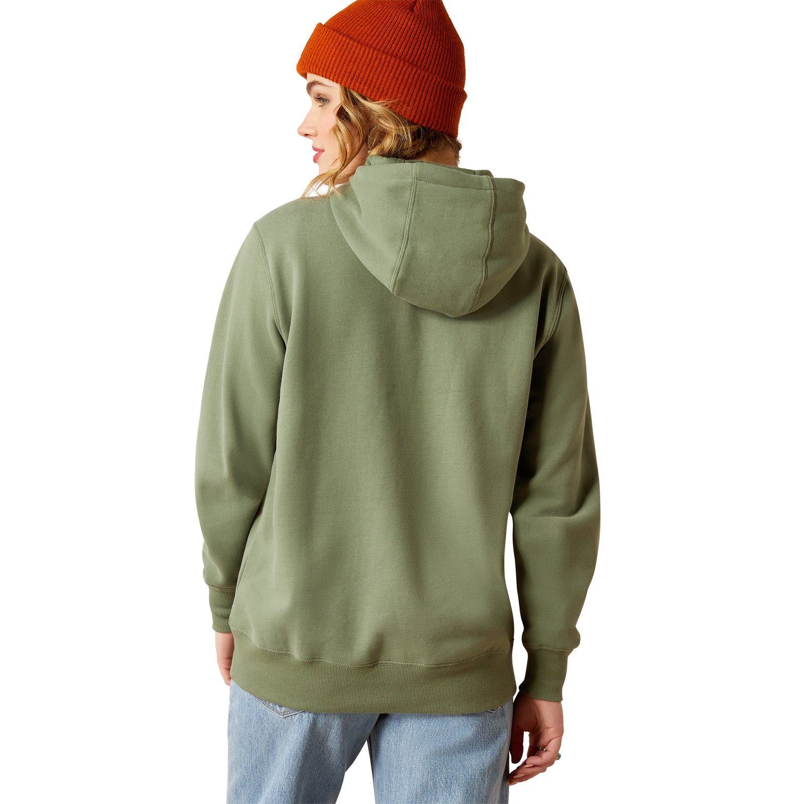 Ariat Women's Route 66 Hoodie. Person wearing a green hoodie and red beanie on a white background