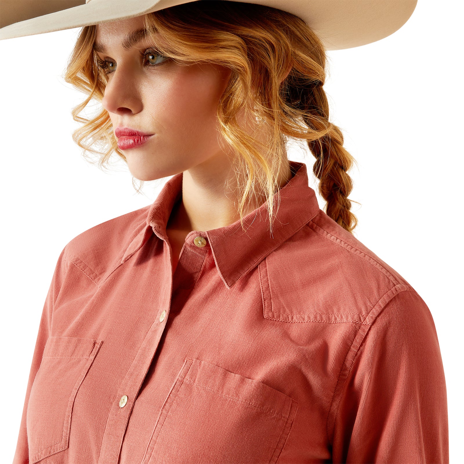 Ariat Women's Billie Jean Corded L/S Western Shirt. Woman wearing a pink shirt and a cowboy hat