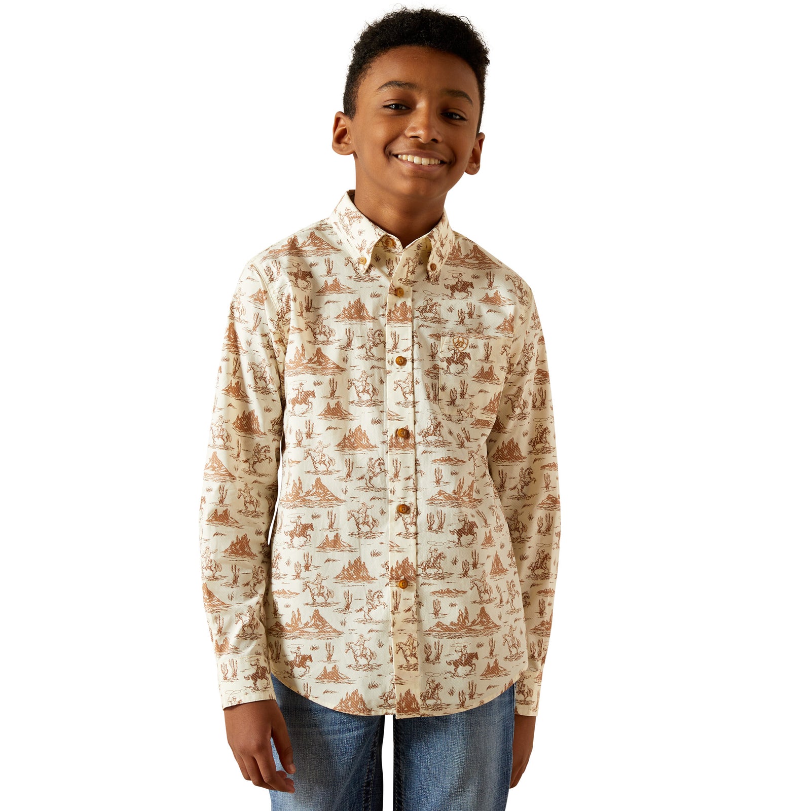 Child wearing a patterned shirt on a white background