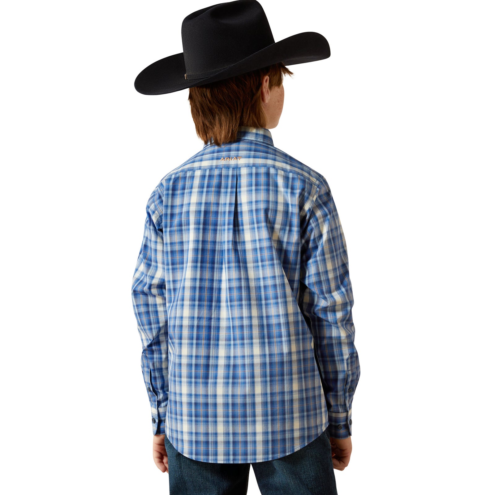 Person wearing a blue plaid shirt and black cowboy hat on a white background