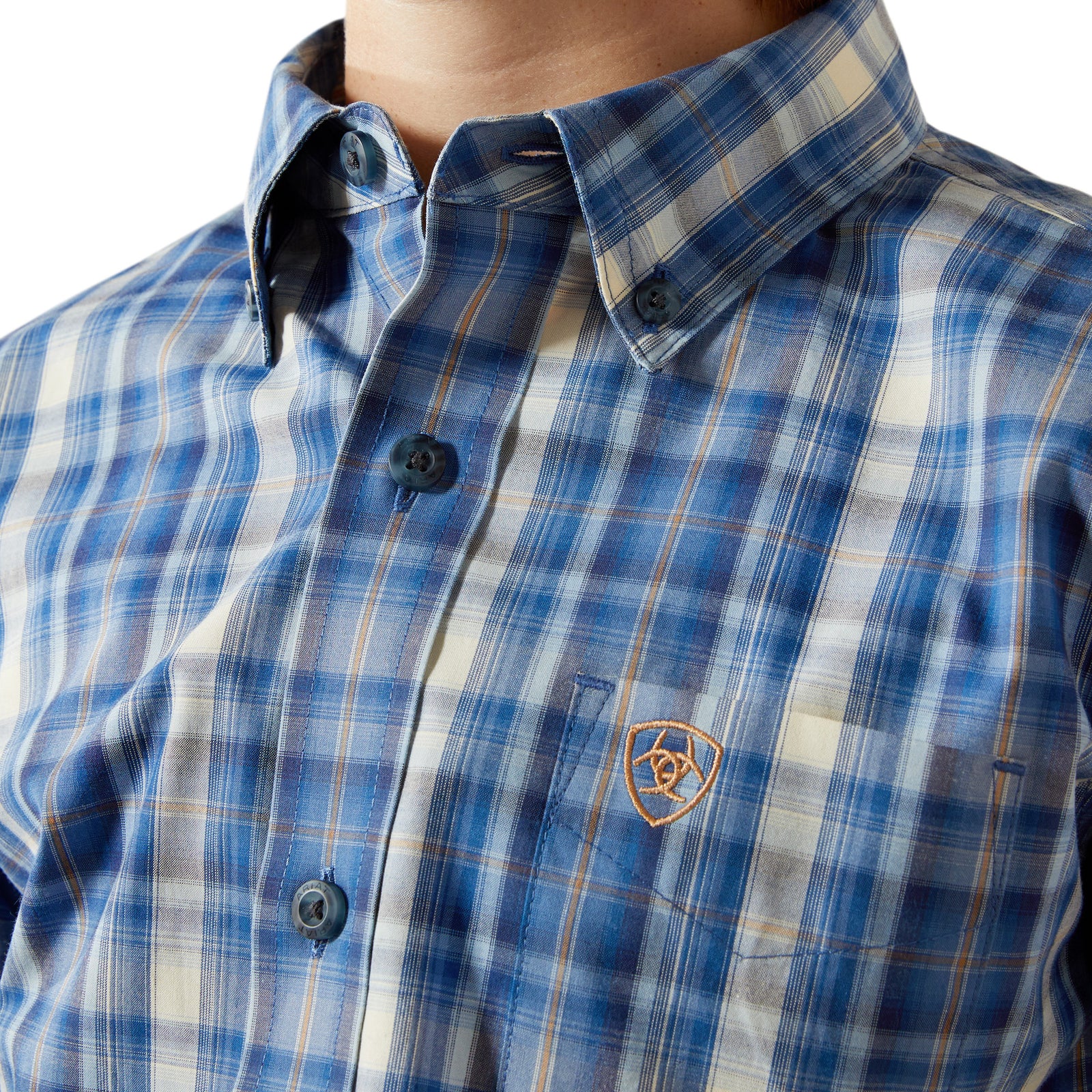 Blue and white plaid shirt with a brand logo on a white background