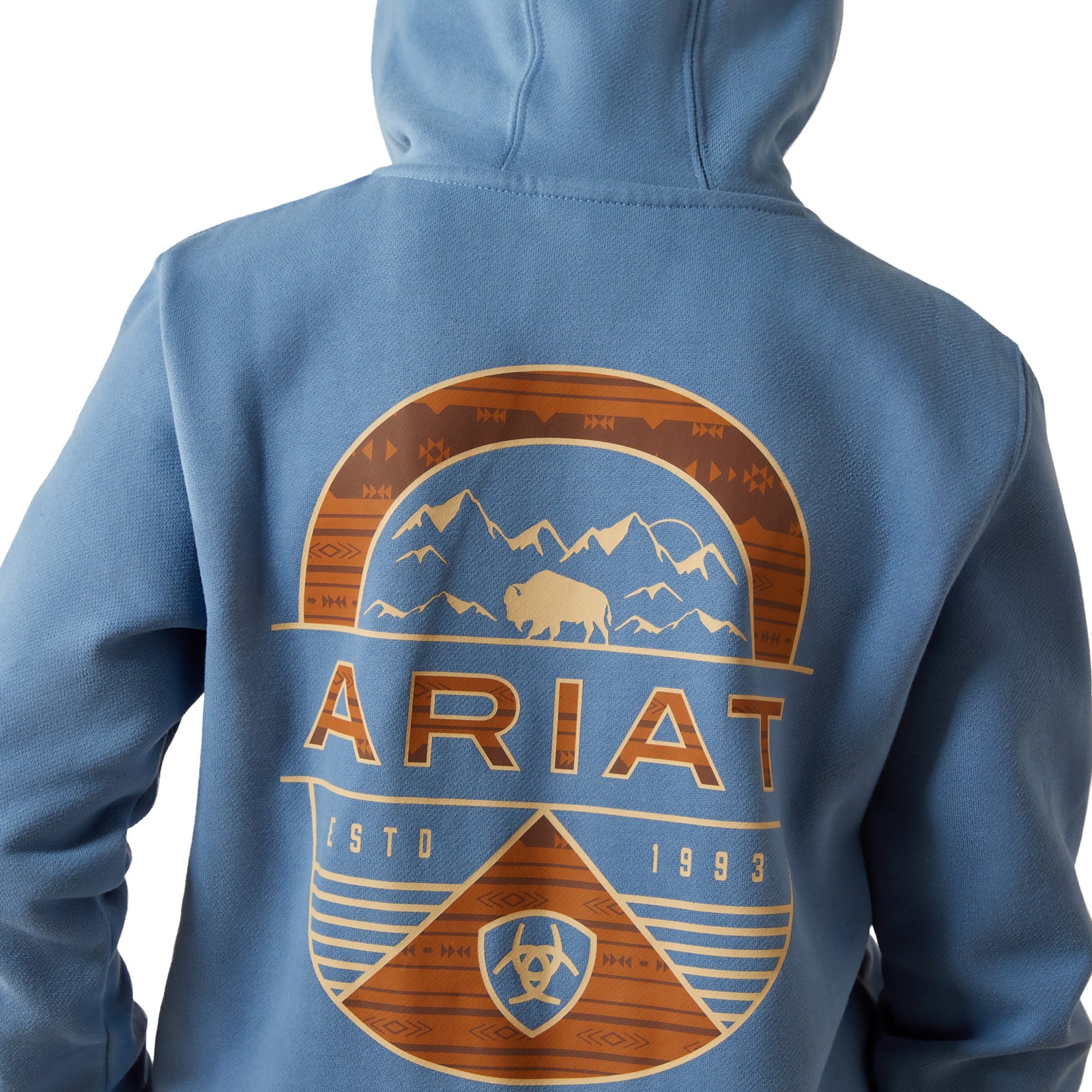 Blue hoodie with Ariat logo on the back against a white background