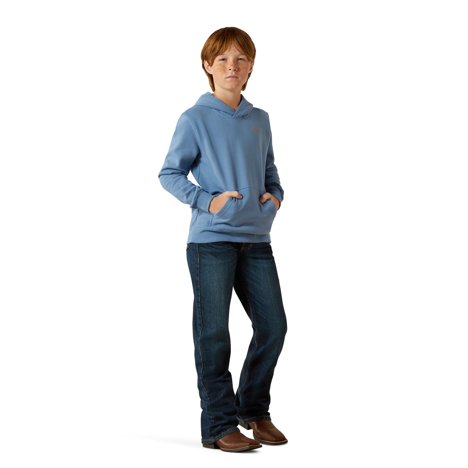 Person wearing a blue hoodie and jeans on a white background