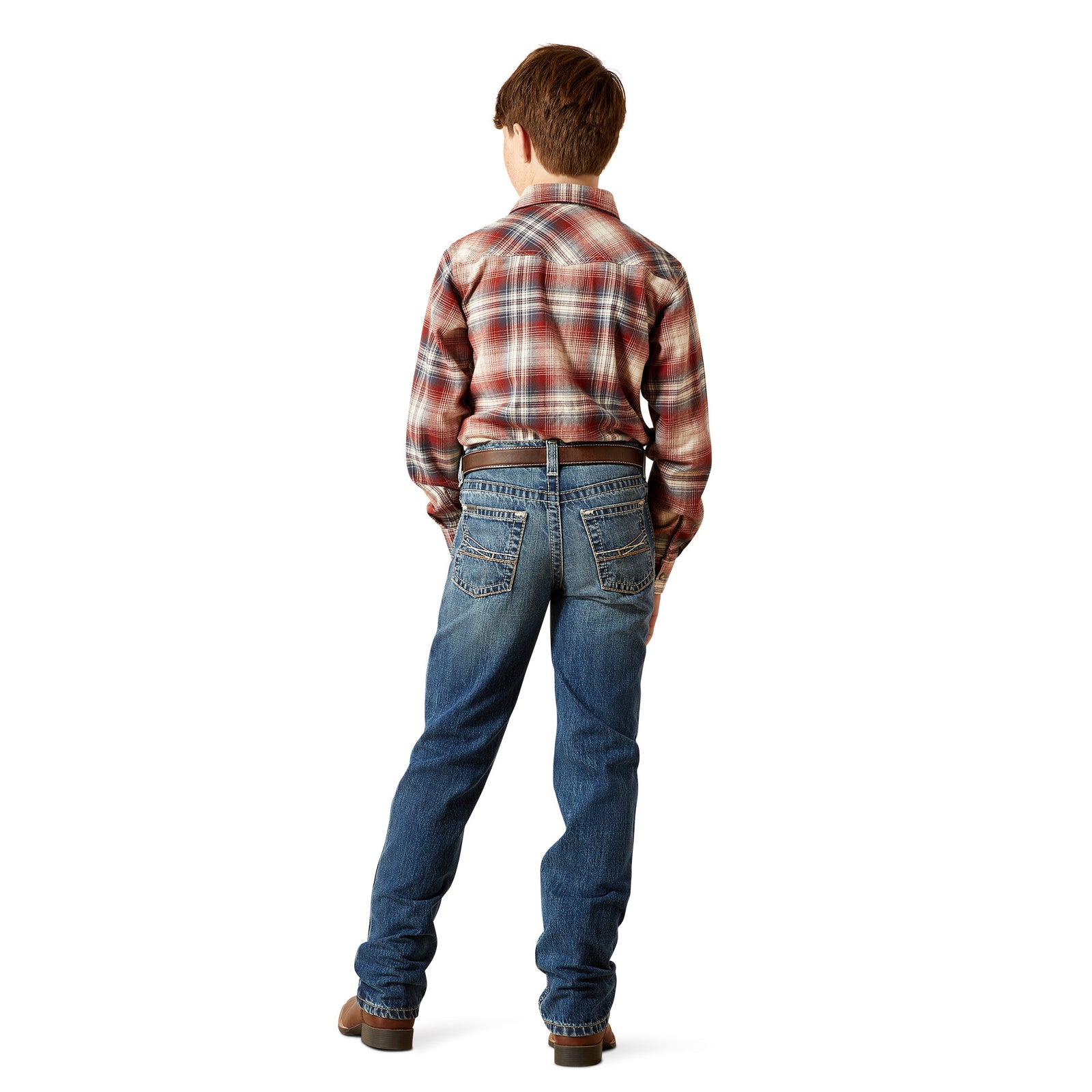 Man wearing a plaid shirt and jeans on a white background
