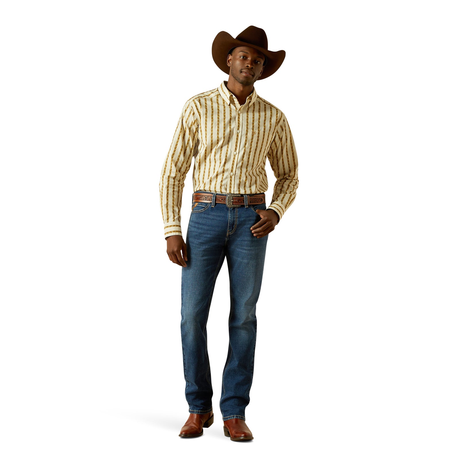 Ariat Men's Samuel M8 Straight Leg Jean. Man wearing a striped shirt, jeans, and cowboy hat on a white background