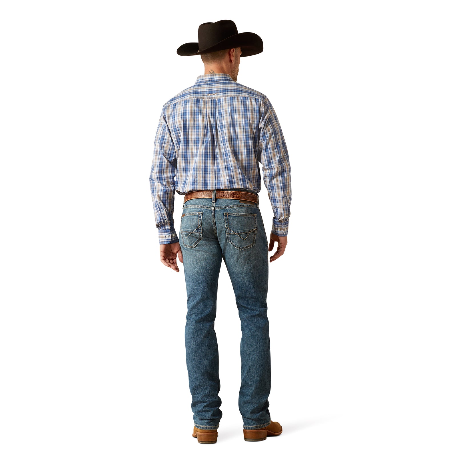 Ariat Men's M7 Jed Straight Leg Jean. Man wearing a plaid shirt and jeans with a cowboy hat on a white background