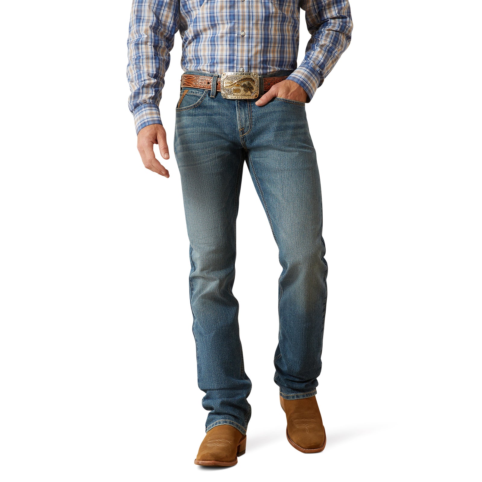 Ariat Men's M7 Jed Straight Leg Jean. Person wearing blue jeans, a plaid shirt, and brown boots on a white background