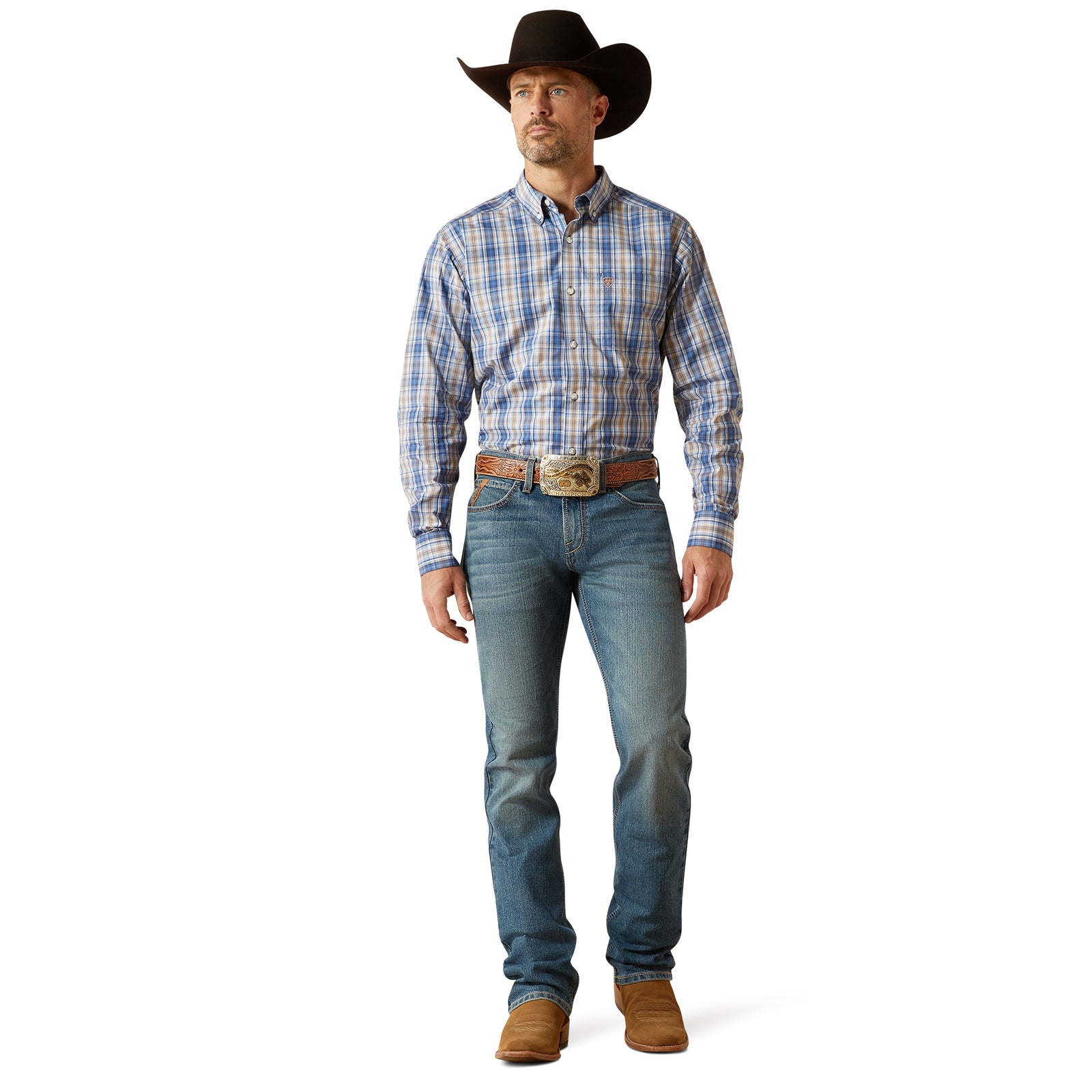 Ariat Men's M7 Jed Straight Leg Jean. Man wearing a plaid shirt, jeans, and a cowboy hat on a white background