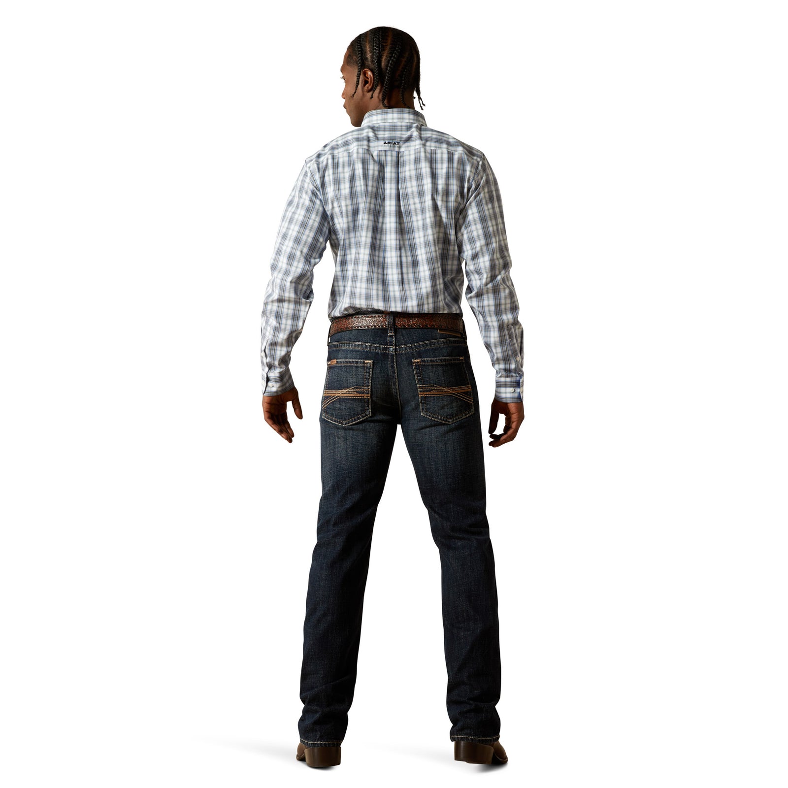 Ariat Men's M5 Keith Straight Leg Jean. Person wearing a plaid shirt and jeans on a white background