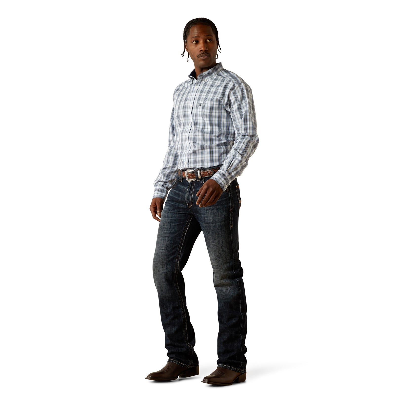 Ariat Men's M5 Keith Straight Leg Jean. Man wearing a plaid shirt and jeans on a white background