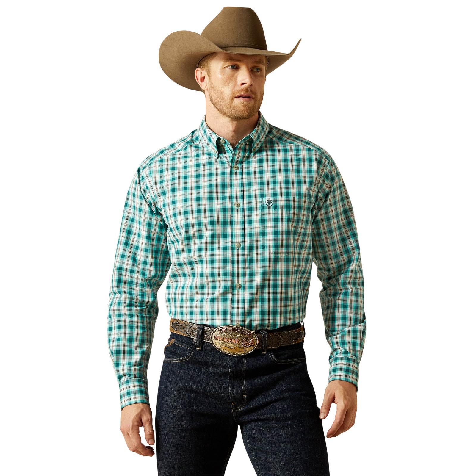 Man wearing a green plaid shirt, dark jeans, and a brown cowboy hat on a white background