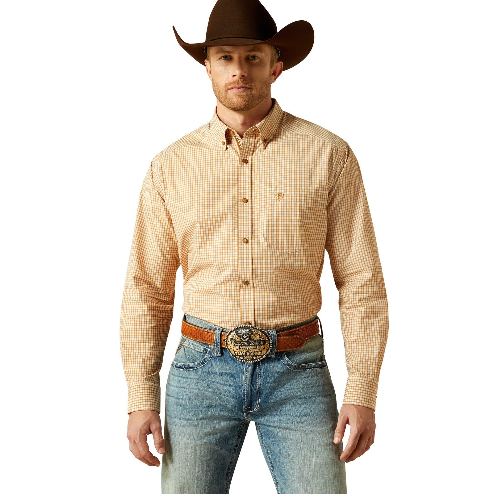 Man wearing a yellow checkered shirt, blue jeans, and a brown cowboy hat on a white background