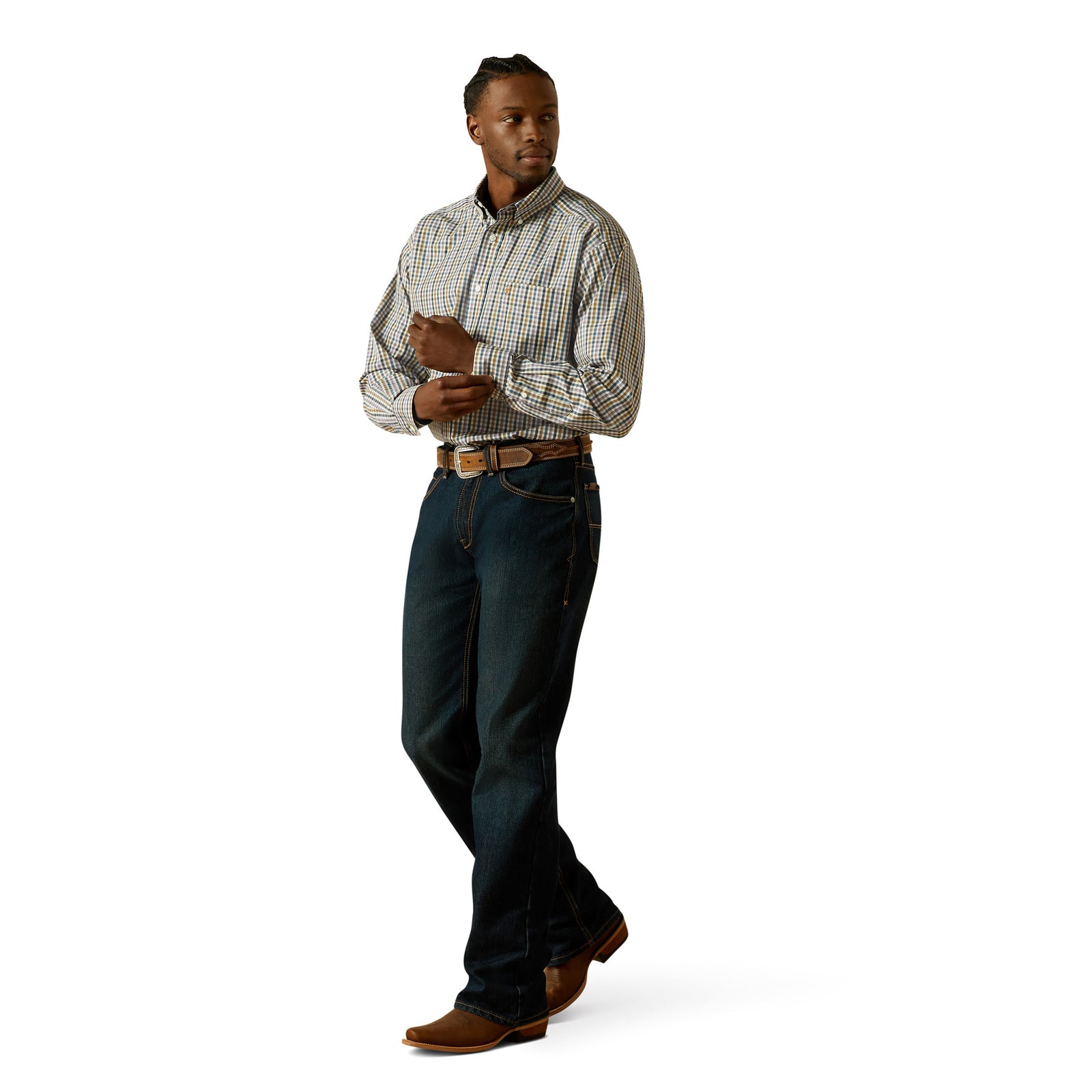 Man wearing a checkered shirt, jeans, and brown shoes on a white background