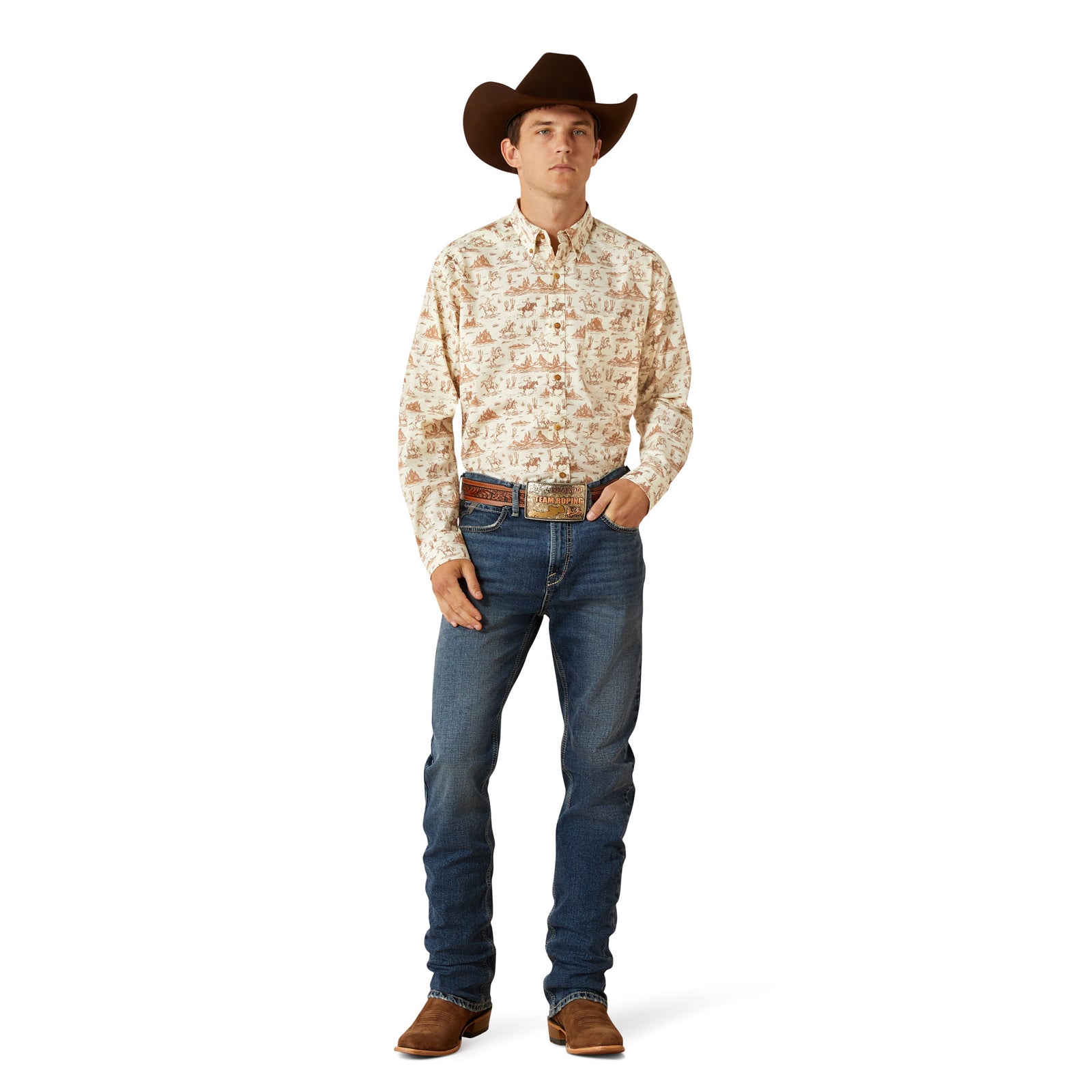 Man wearing a patterned shirt, jeans, and a cowboy hat on a white background