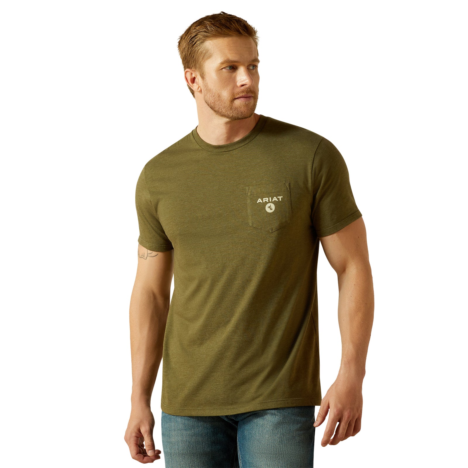 Ariat Men's Roped Diamond T-Shirt. Man wearing a green t-shirt with a brand logo on a white background