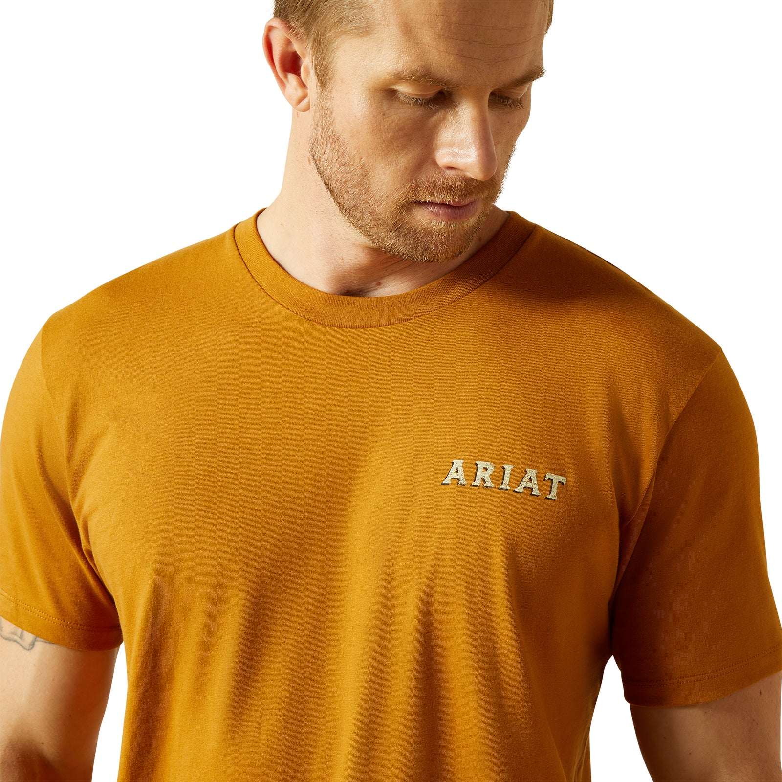 Ariat Men's Scorpion Seal T-Shirt. Man wearing a mustard yellow Ariat t-shirt on a white background