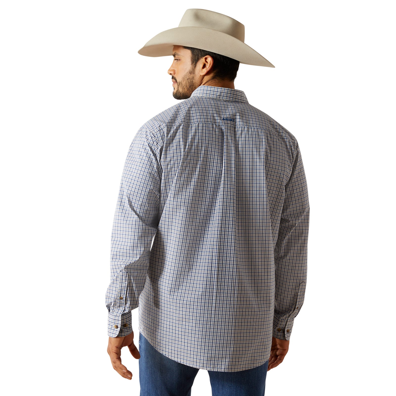 Man wearing a checkered shirt and cowboy hat on a white background