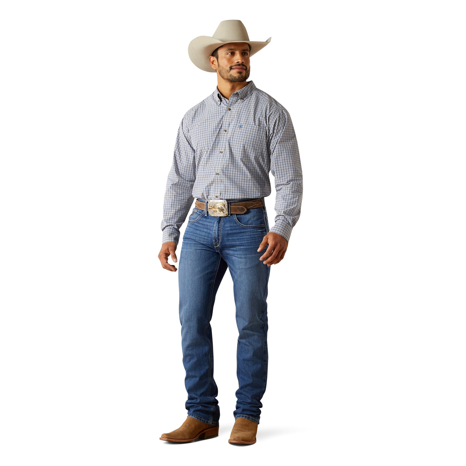 Man wearing a checkered shirt, jeans, and a cowboy hat on a white background