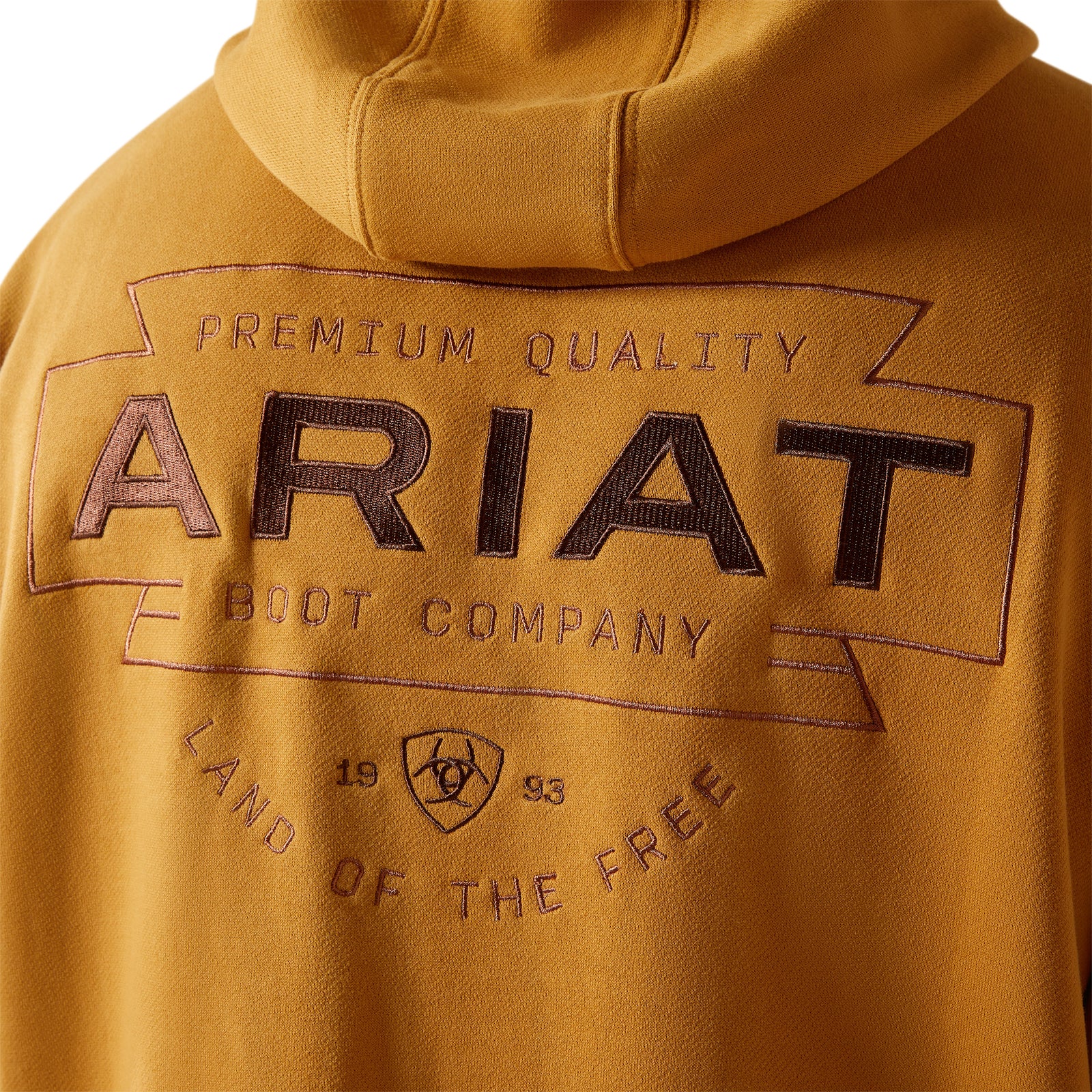 Brown hoodie with Ariat branding on a white background