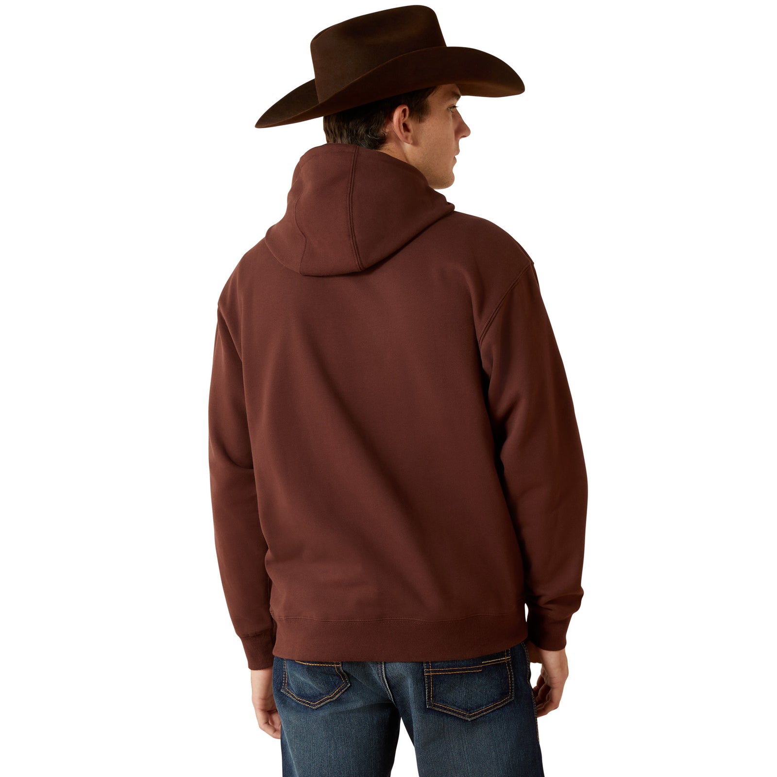 Person wearing a brown hoodie and cowboy hat on a white background