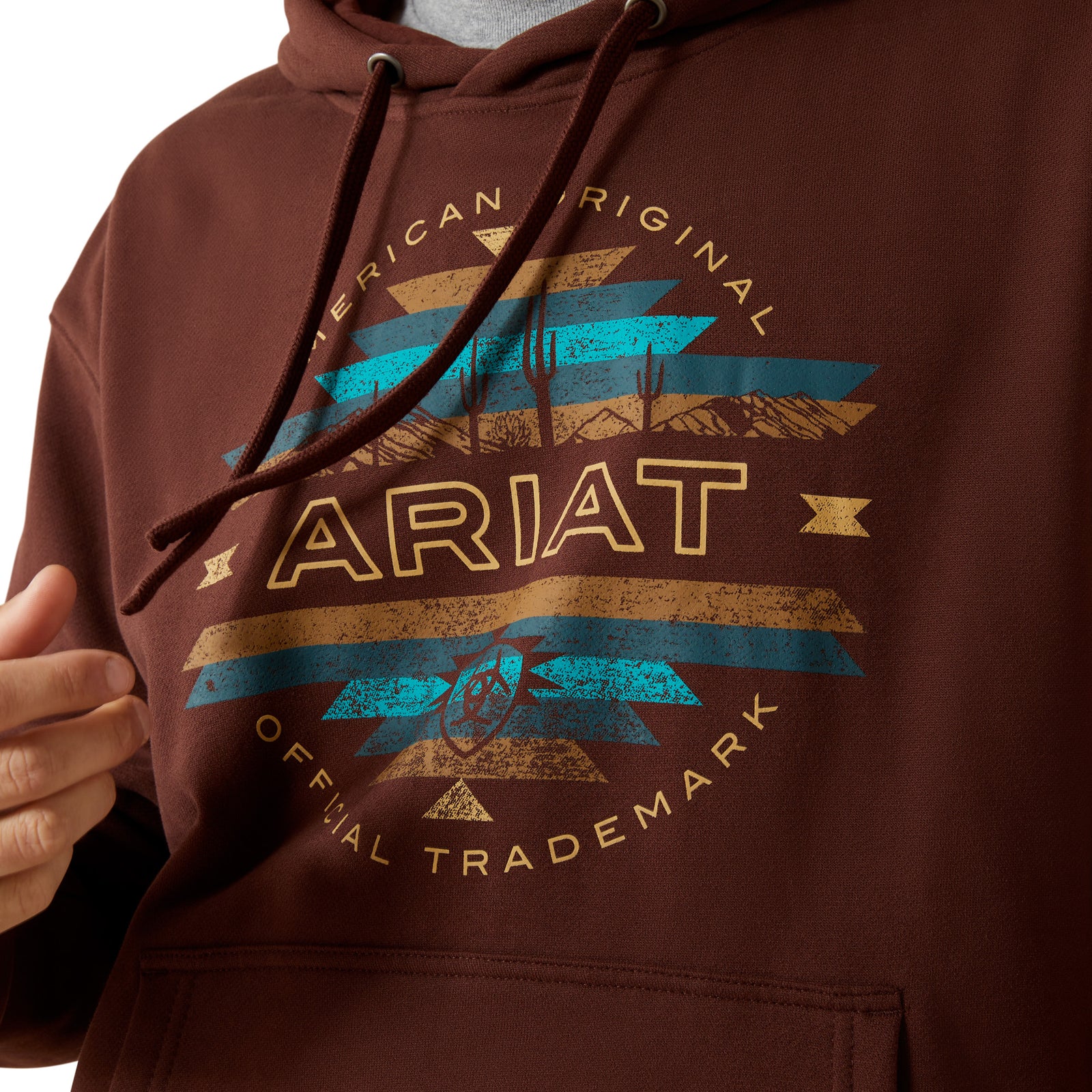 Brown hoodie with Ariat logo and branding on a white background