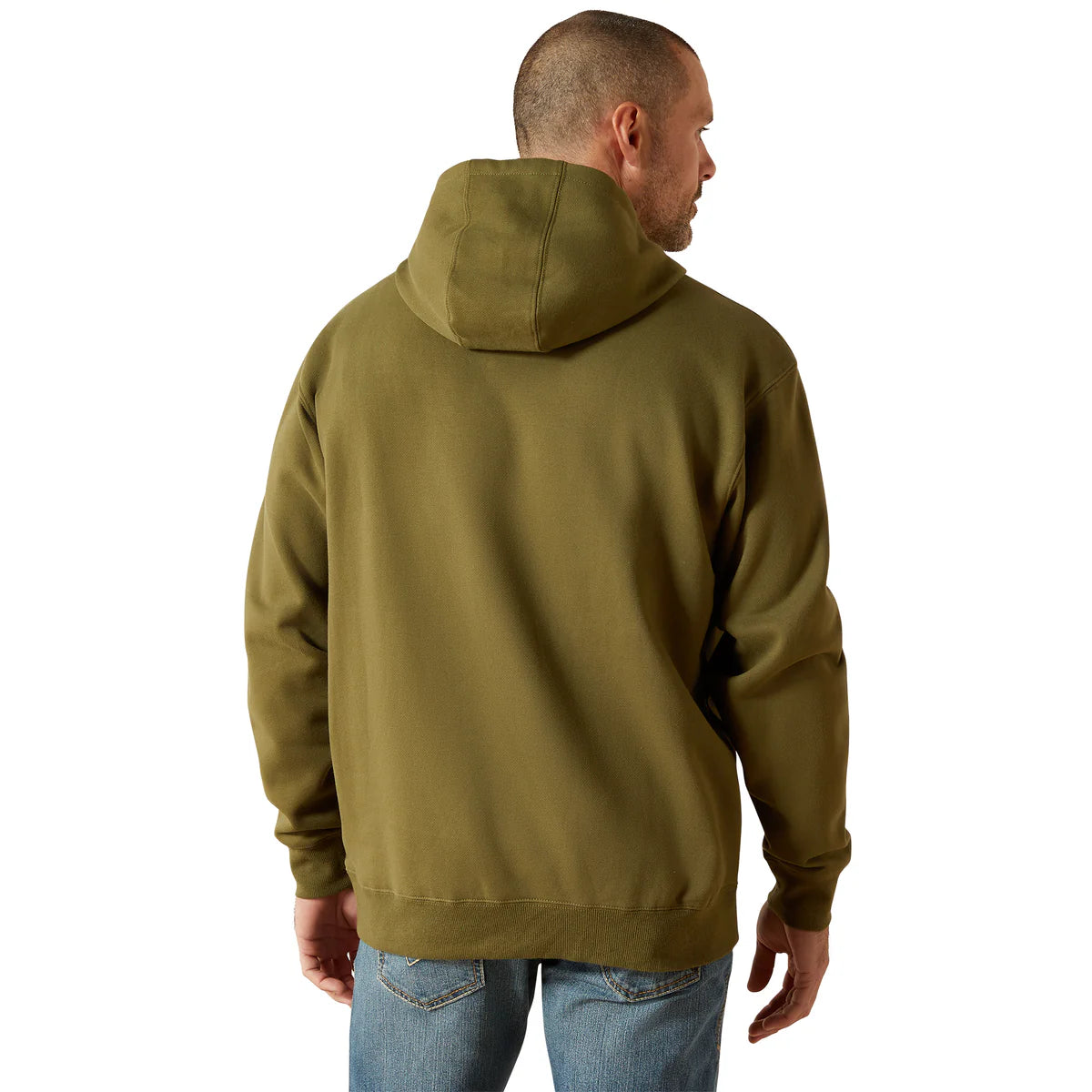 Man wearing a green hoodie from behind on a white background