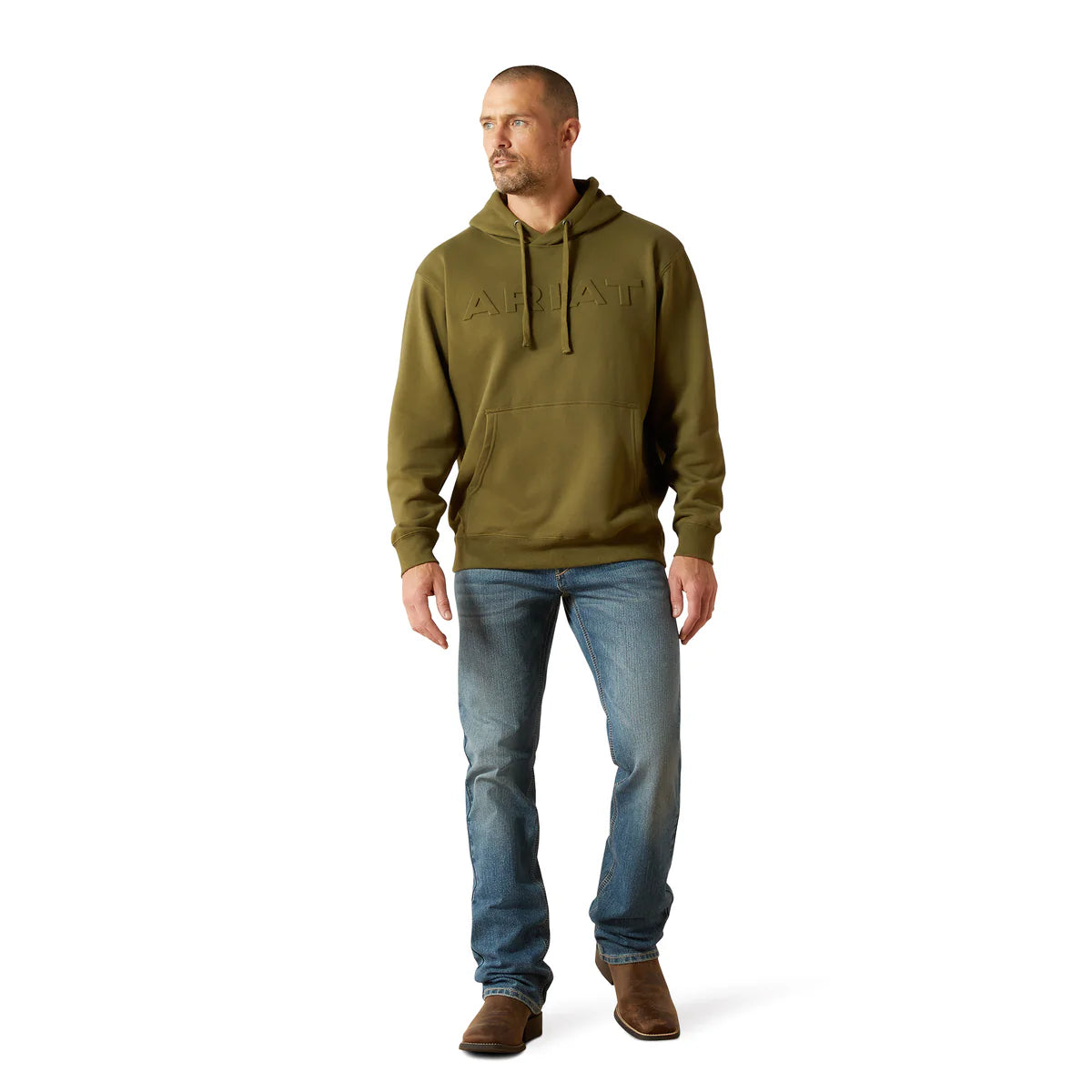 Man wearing a green hoodie with a brand logo on a white background