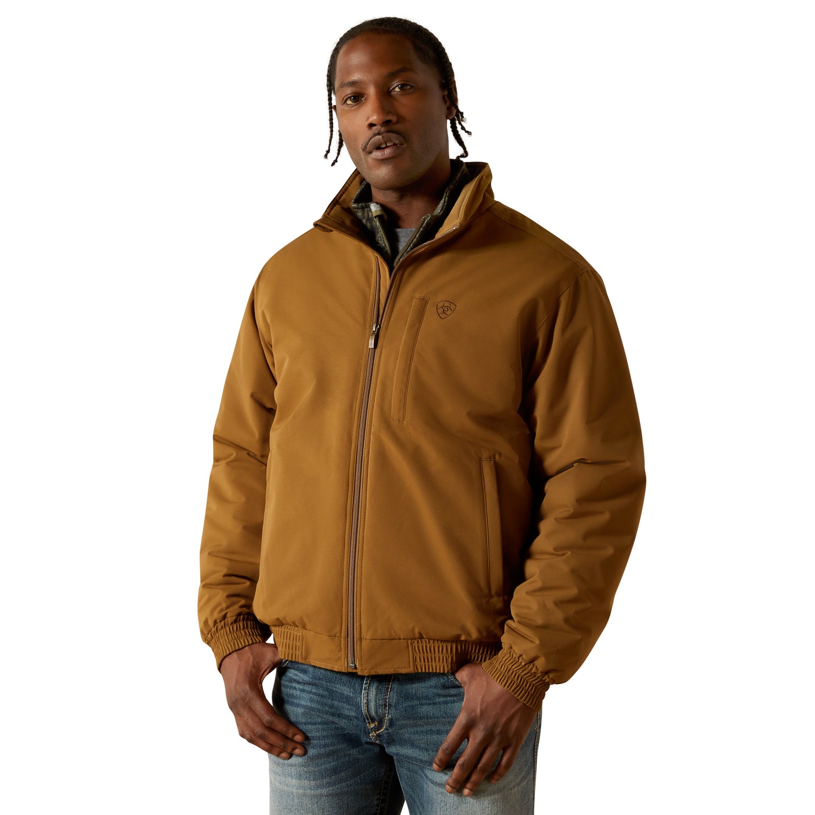Man wearing a brown jacket on a white background