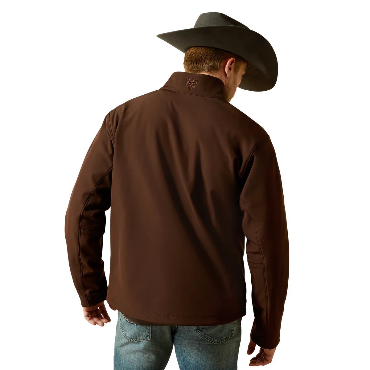 Man wearing a brown jacket and cowboy hat on a white background