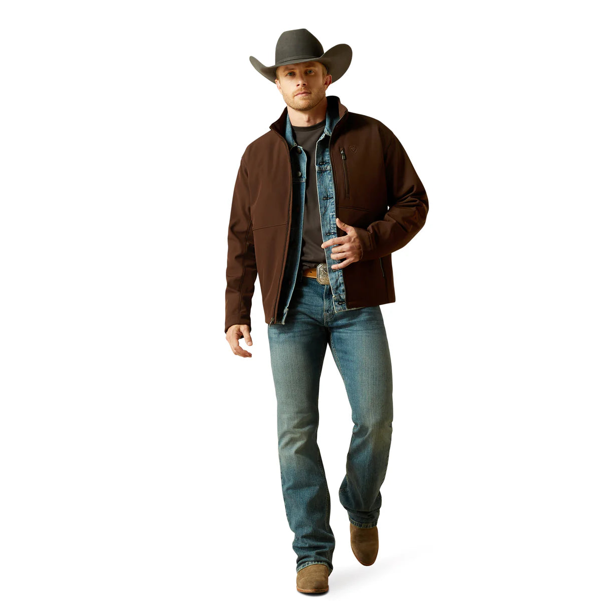 Man wearing a brown jacket, blue jeans, and a cowboy hat on a white background