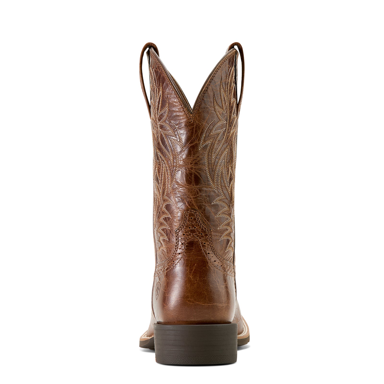 Ariat Men's Sport Western Wide Square Toe Boot. Brown cowboy boot with intricate design on a white background