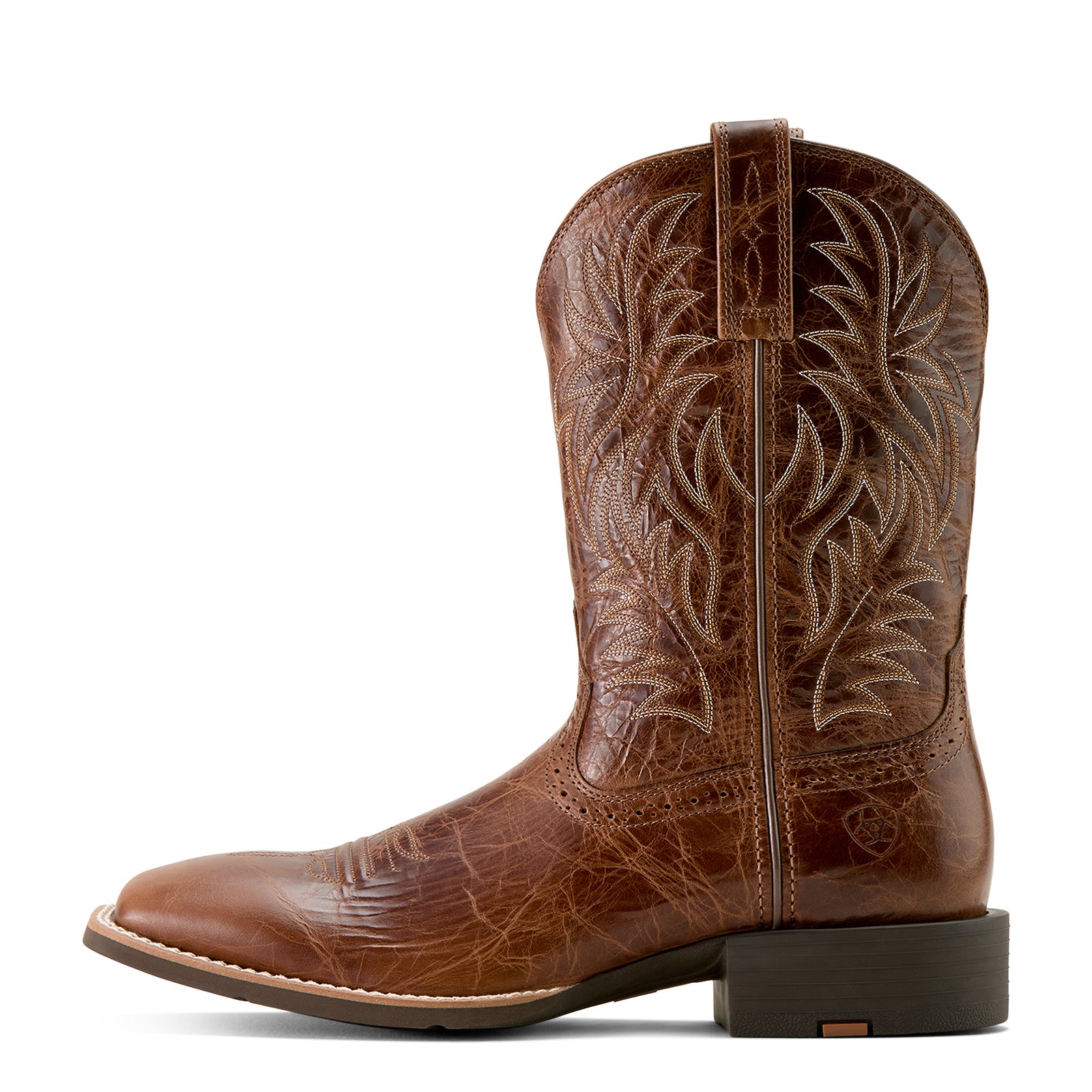Ariat Men's Sport Western Wide Square Toe Boot. Brown cowboy boot with intricate embossing on a white background
