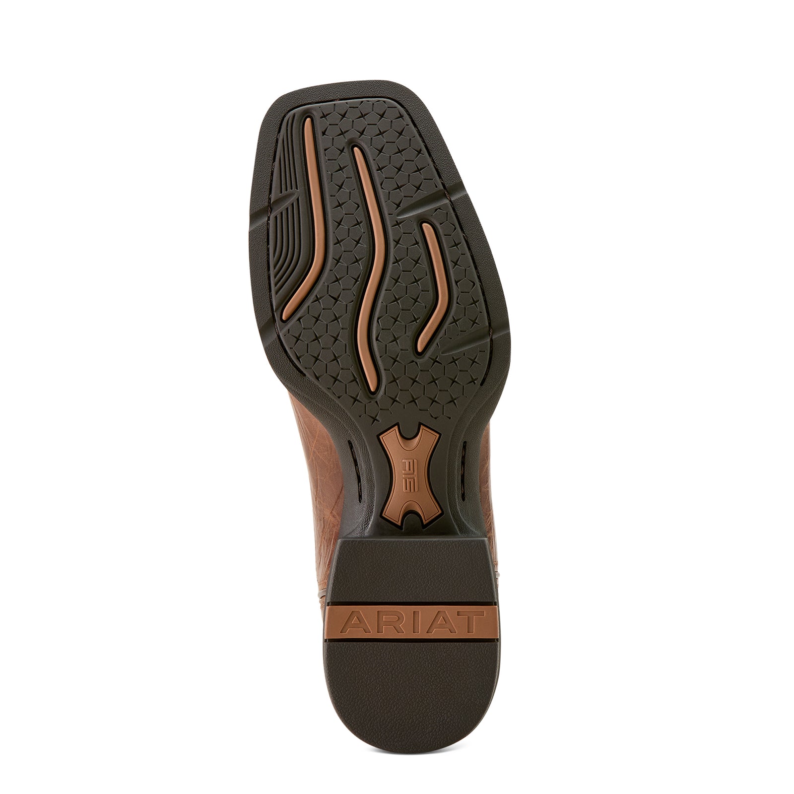 Ariat Men's Sport Western Wide Square Toe Boot. Close-up of a boot sole with Ariat branding on a white background