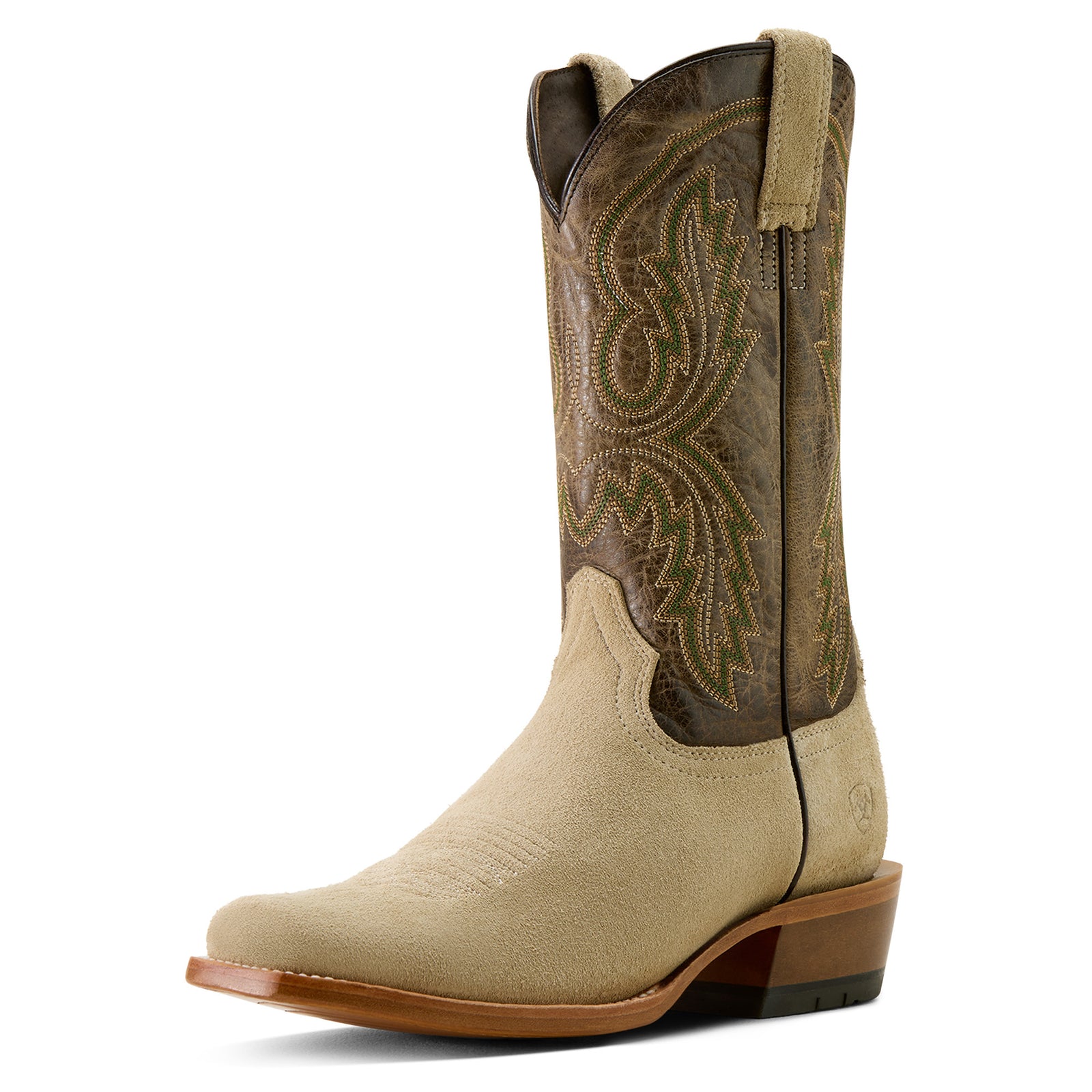 Ariat Men's Futurity Cashout Western Boot. Tan and brown cowboy boot with intricate design on a white background