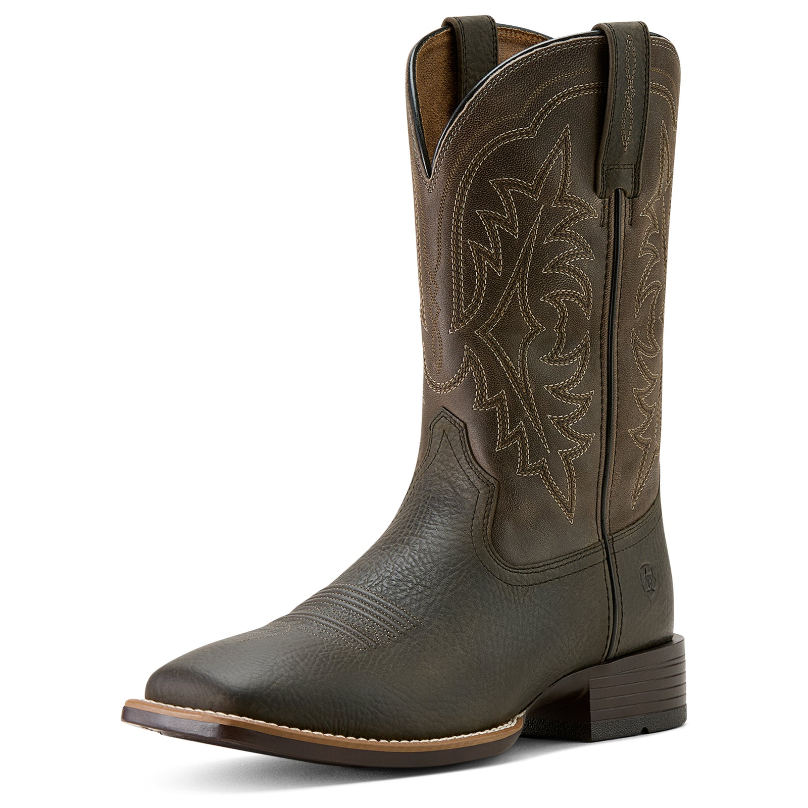 Ariat Men's Ryden Ultra Western Boot. Brown cowboy boot with intricate stitching on a white background
