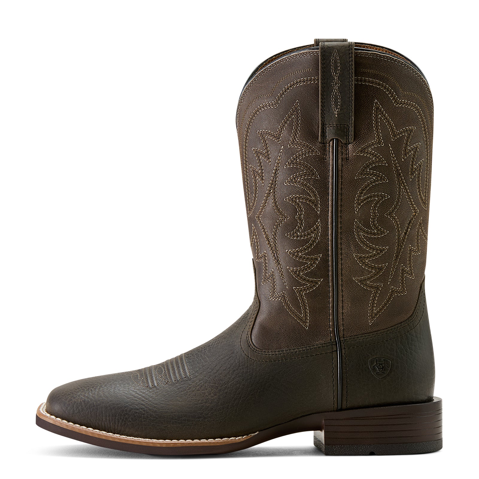 Ariat Men's Ryden Ultra Western Boot. Brown cowboy boot with intricate stitching on a white background