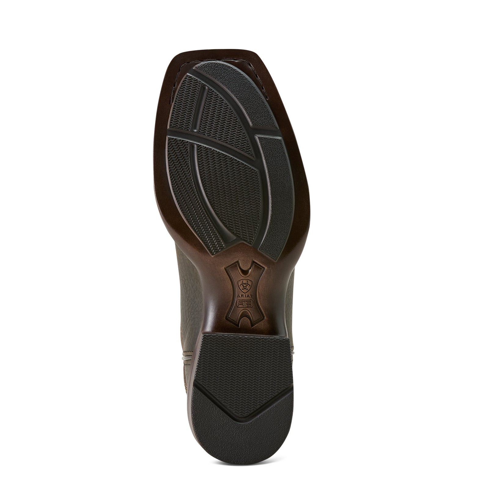 Ariat Men's Ryden Ultra Western Boot. Brown leather shoe sole with black tread pattern on a white background