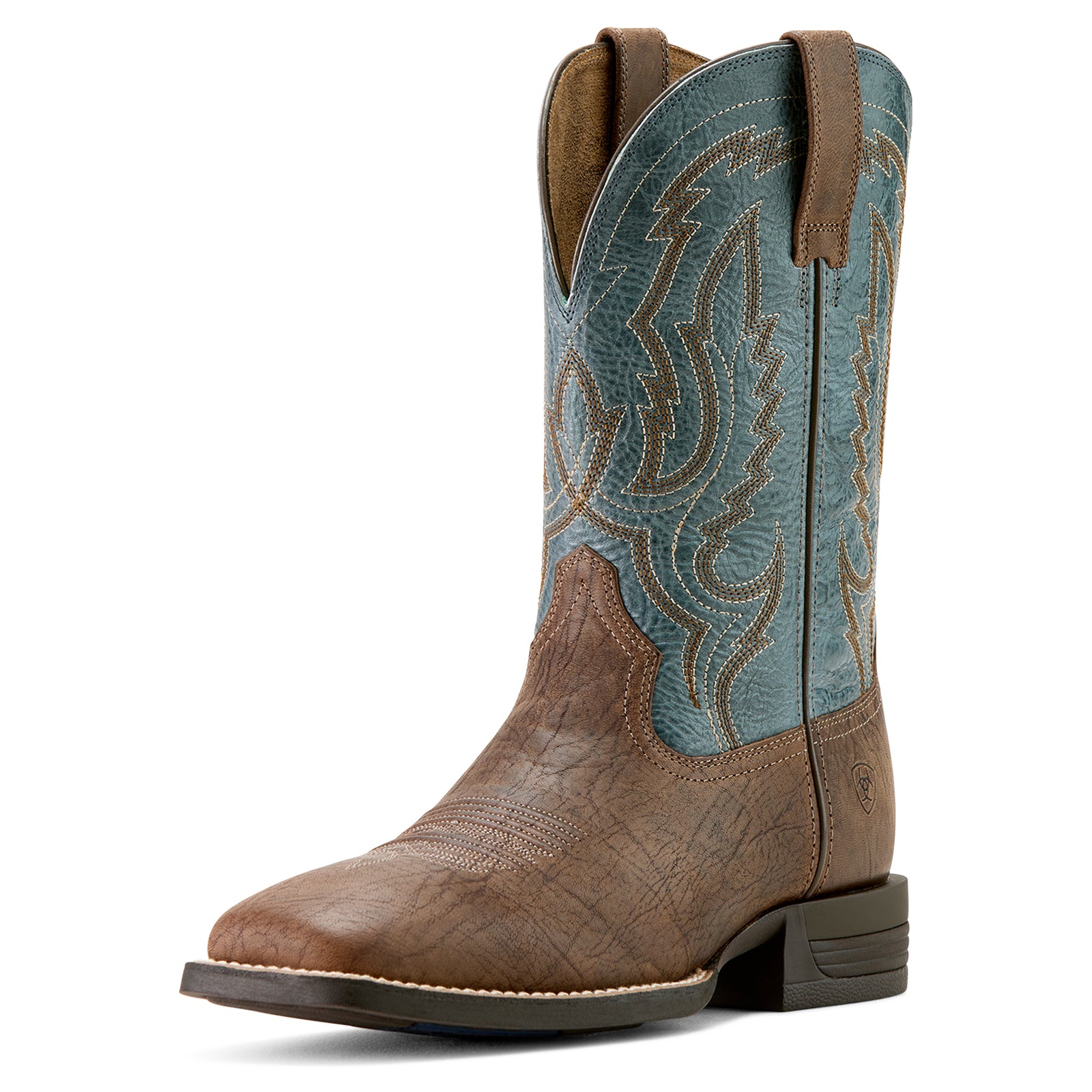 Ariat Men's Steadfast Wide Square Toe Western Boot. Brown and blue cowboy boot on a white background