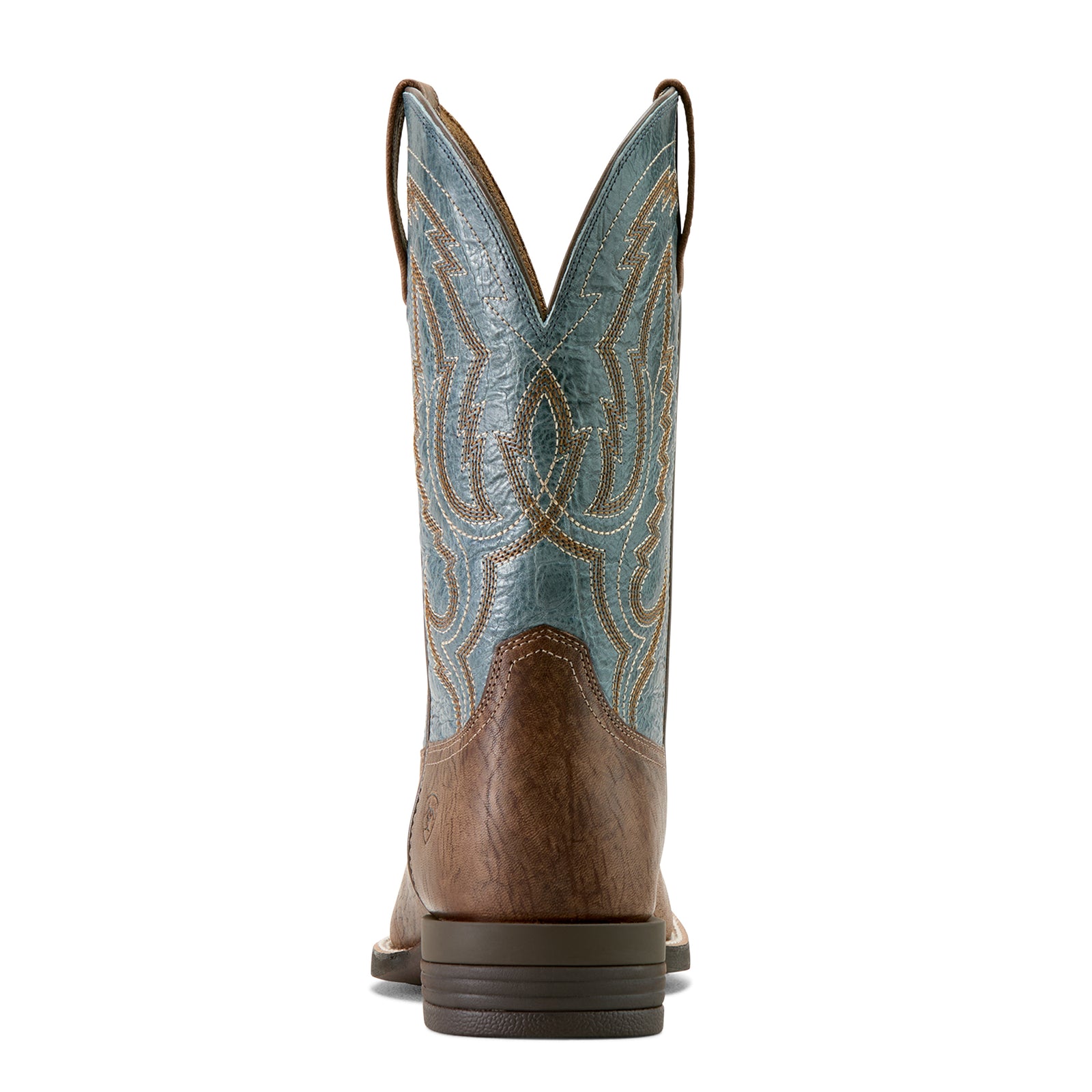 Ariat Men's Steadfast Wide Square Toe Western Boot. Brown and blue cowboy boot with intricate design on a white background