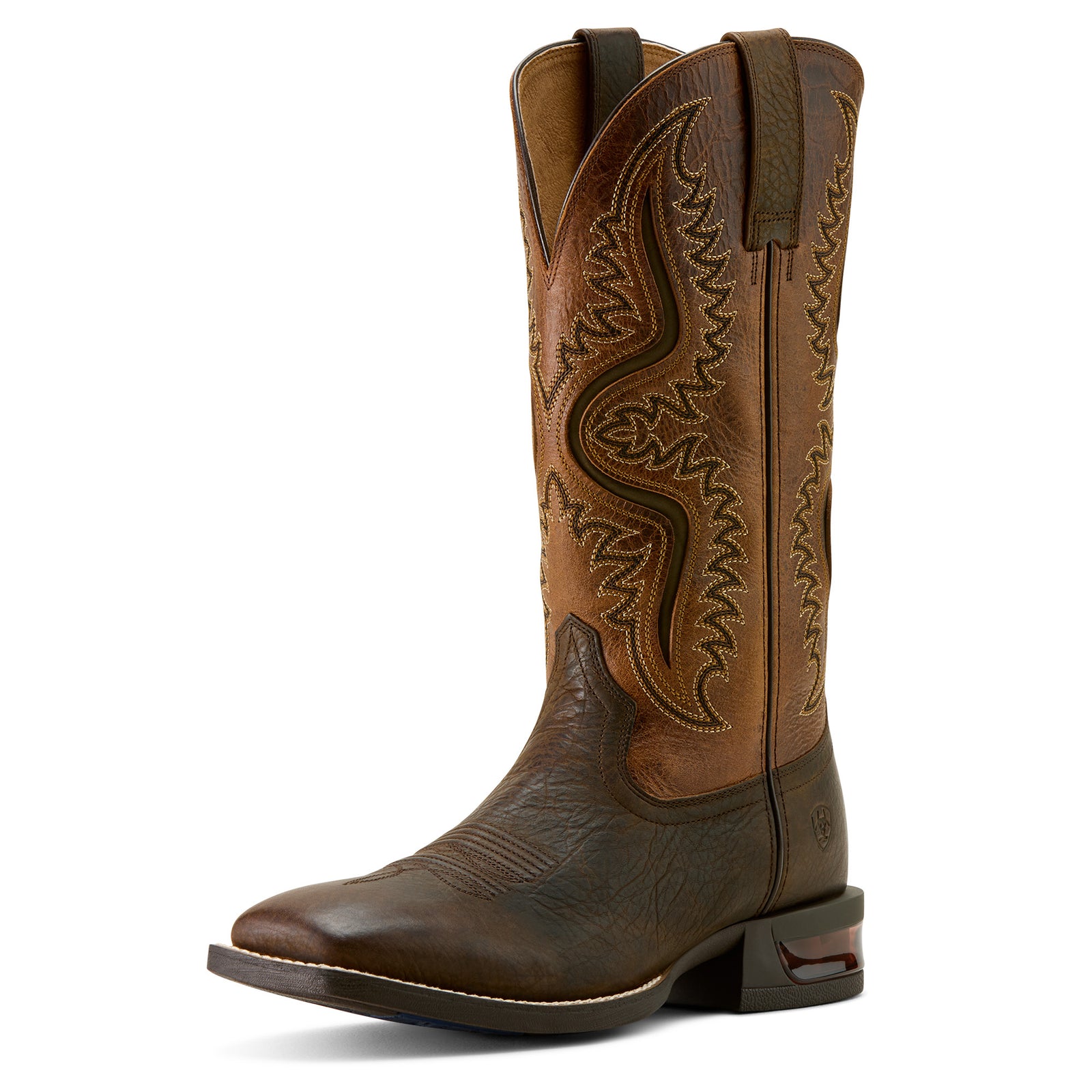 Captivate Wide Square Toe Western Boot. Brown cowboy boot with intricate stitching on a white background