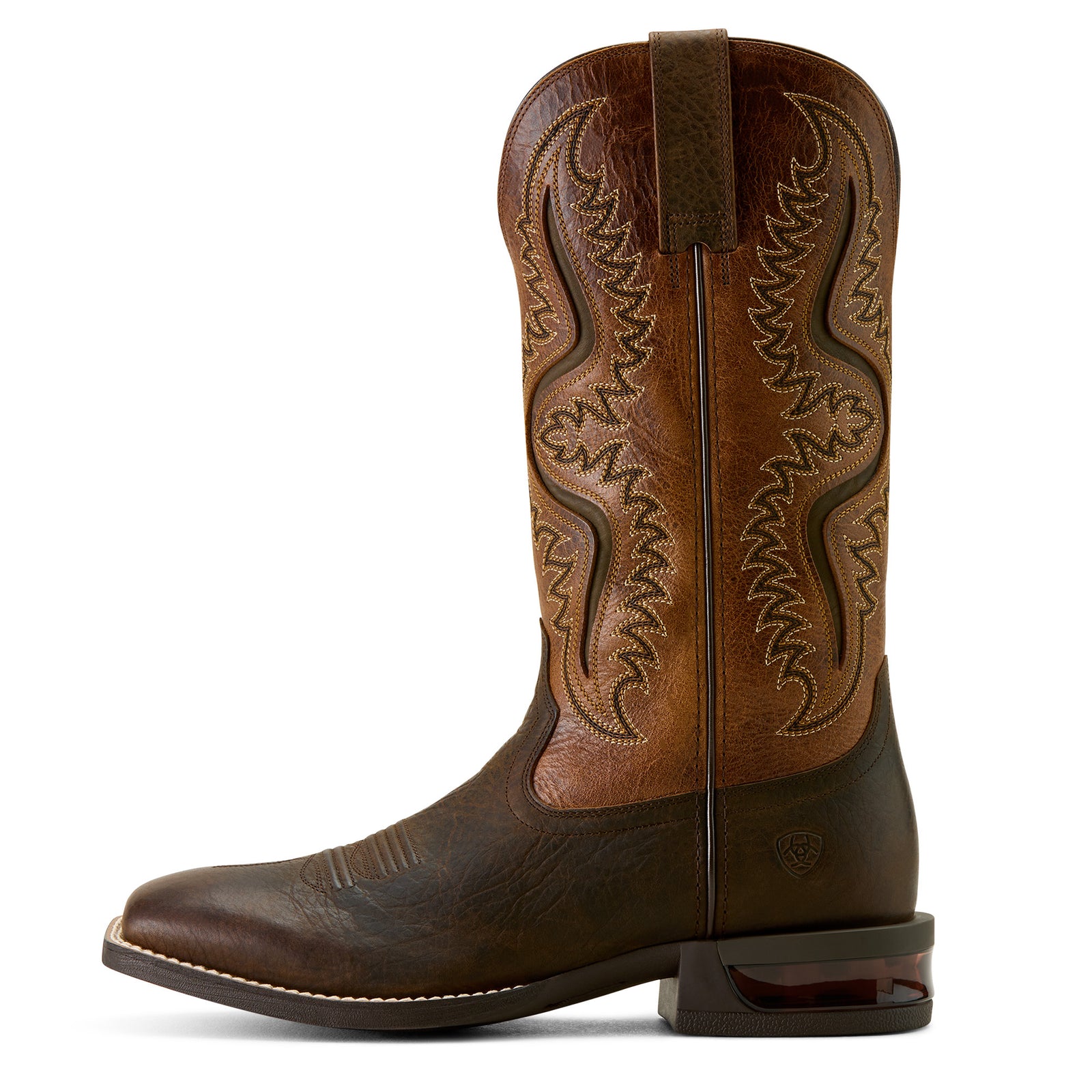 Captivate Wide Square Toe Western Boot. Brown cowboy boot with intricate stitching on a white background