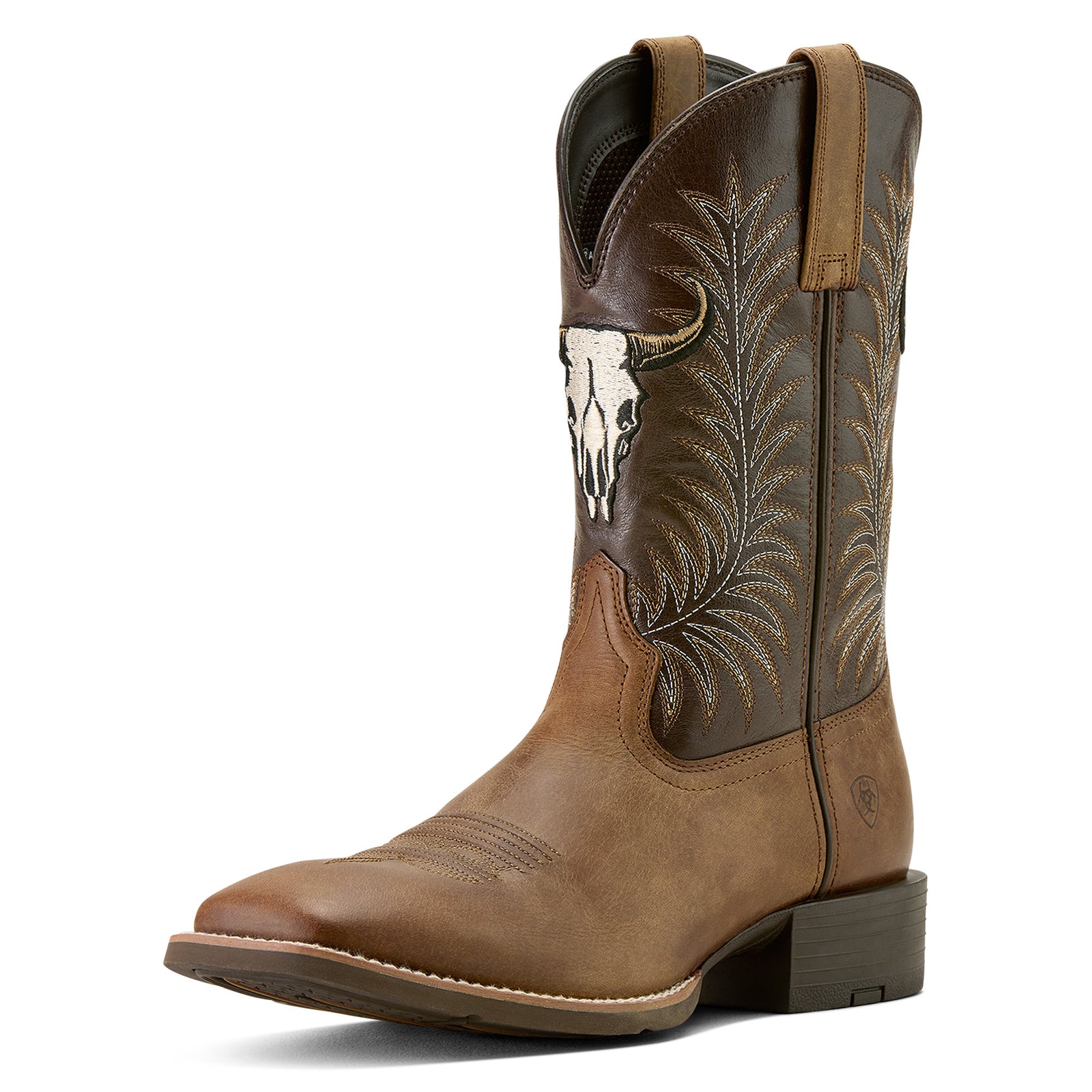 Ariat Men's Sport Steer Skull Wide Square Toe Western Boot. Brown cowboy boot with intricate design on a white background