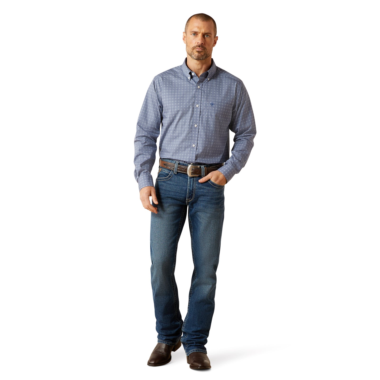 Man wearing a blue checkered shirt and jeans on a white background