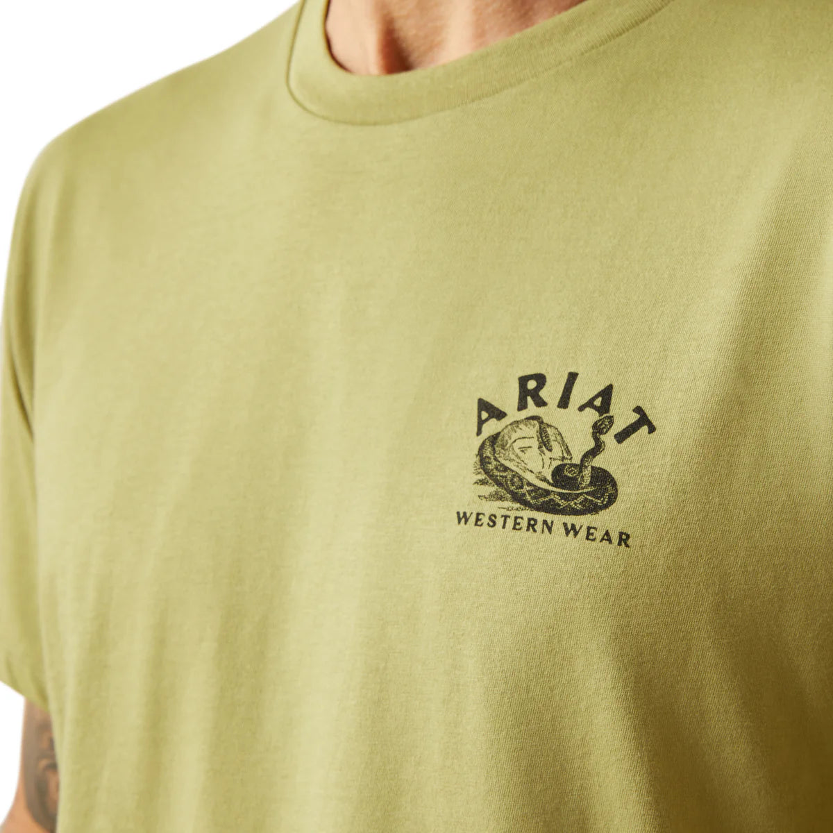 Green t-shirt with Ariat Western Wear logo on a plain background