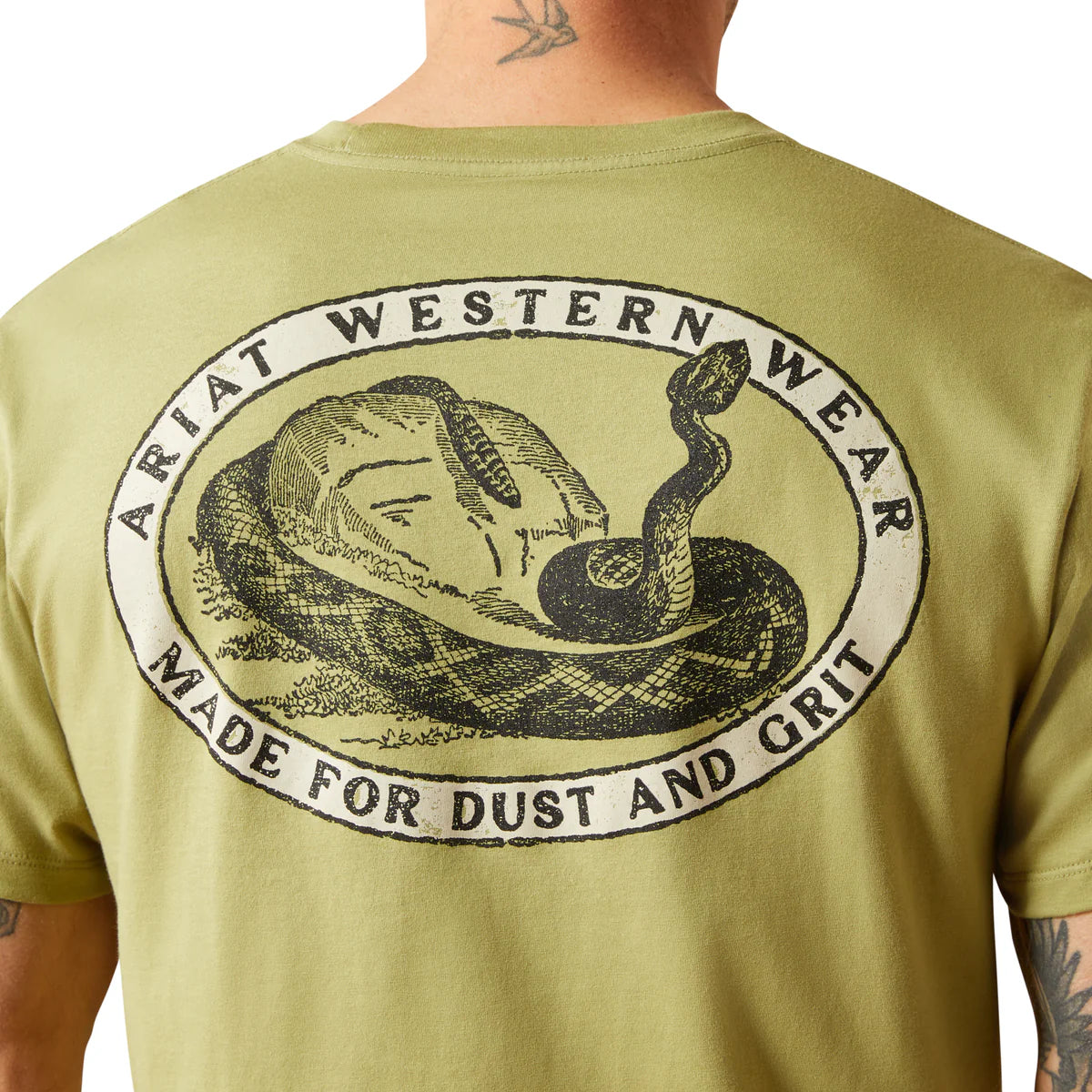 Green t-shirt with Ariat Western Wear logo on the back