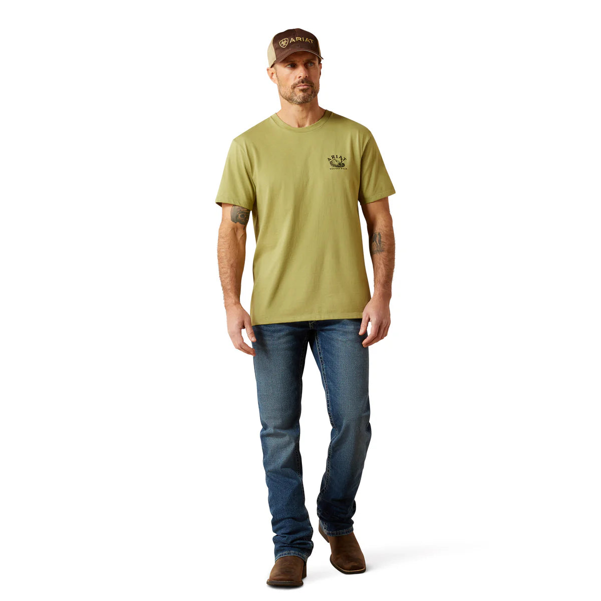 Man wearing a green t-shirt and blue jeans on a white background